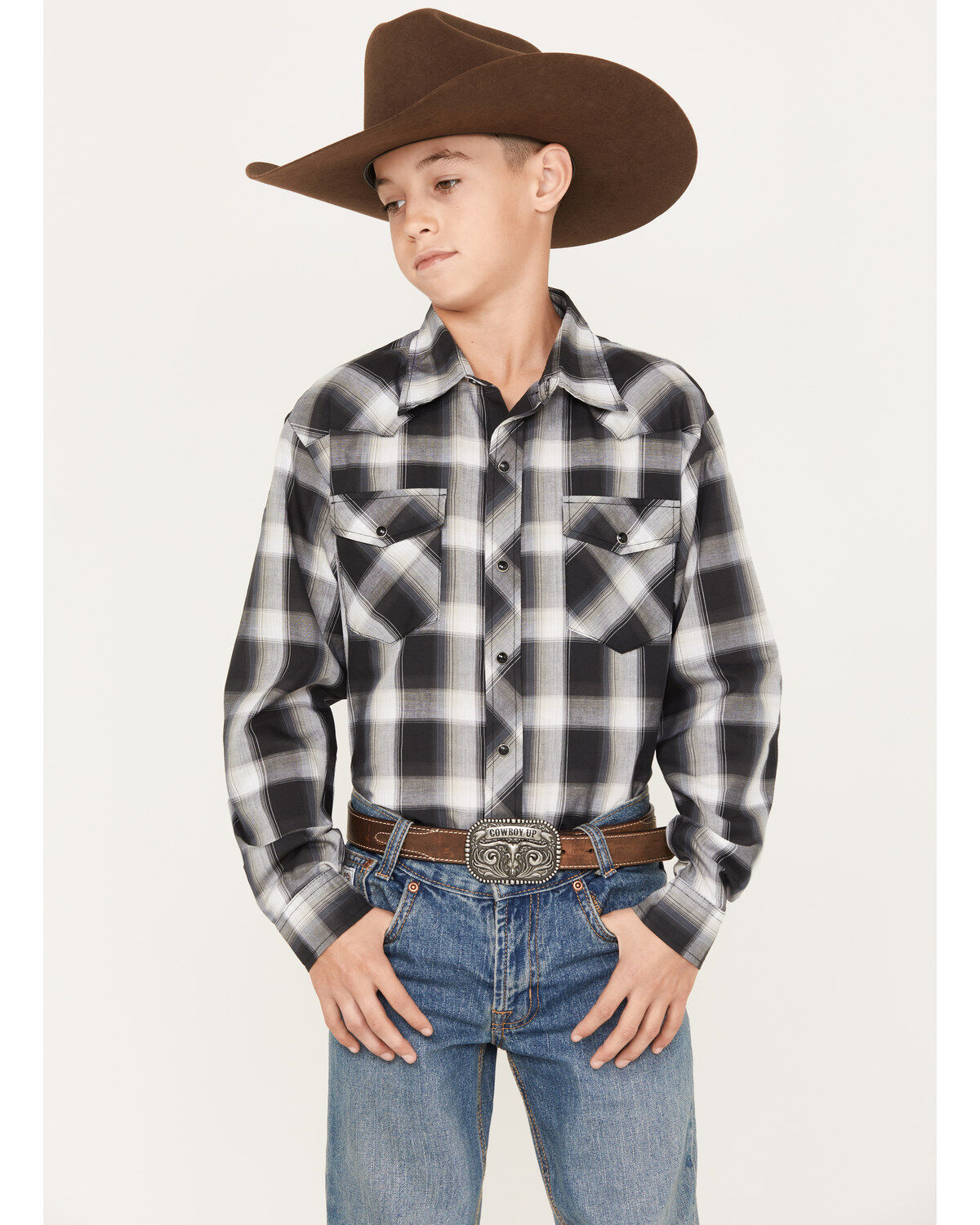 Boys' Roper Plaid Print Long Sleeve Snap Western Shirt