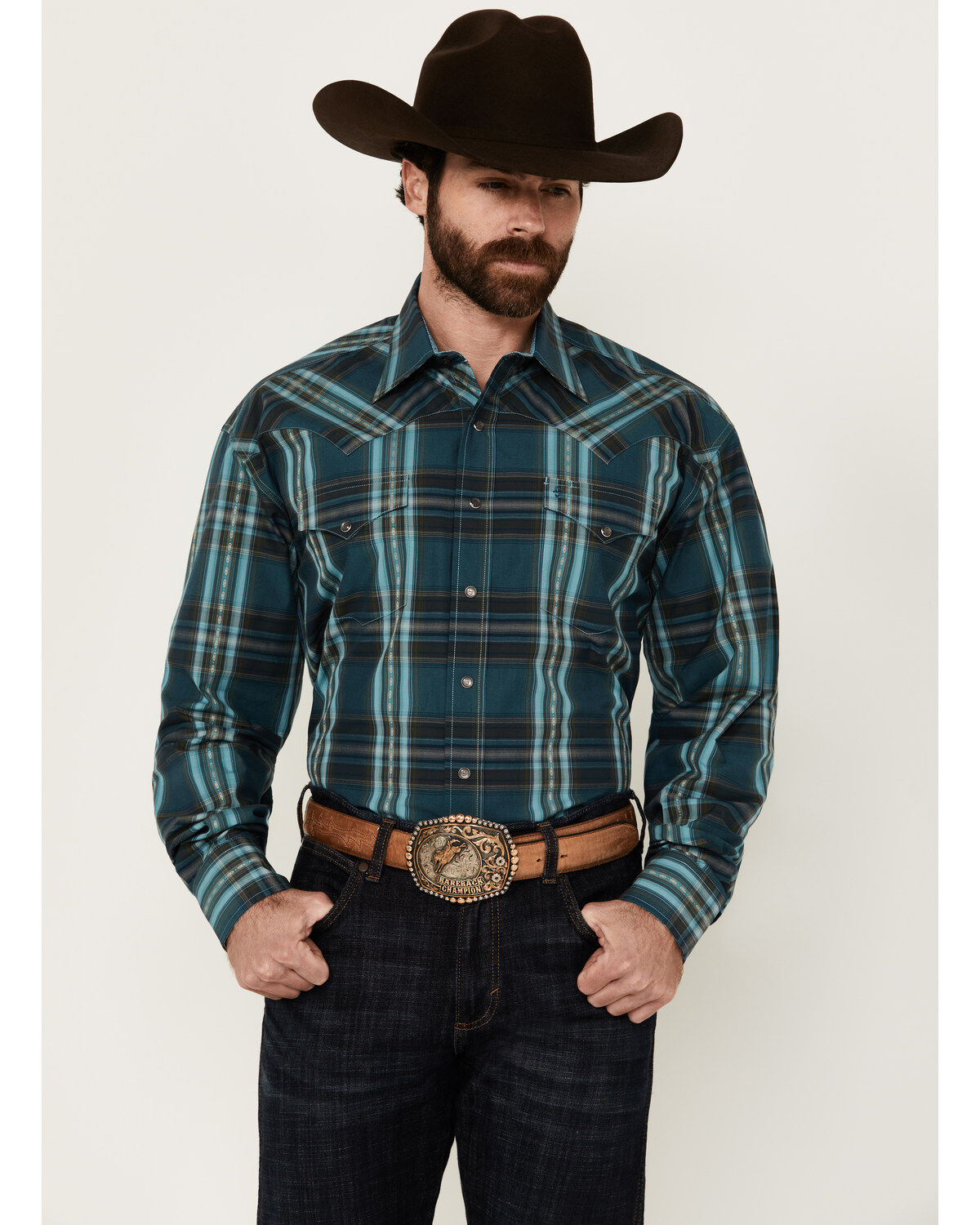 Men's Stetson Plaid Print Long Sleeve Pearl Snap Western Shirt