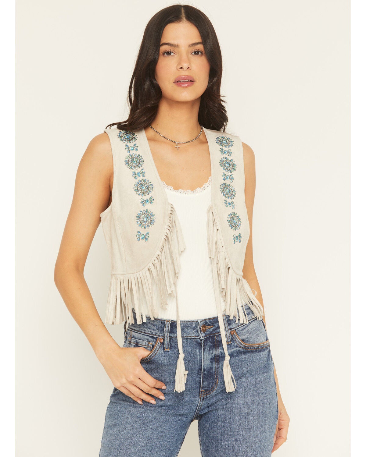 Shyanne Women’s Embroidered Faux Suede Cropped Vest in Oatmeal – Fringe Western Vest with Blue Concho Detail, Size XL