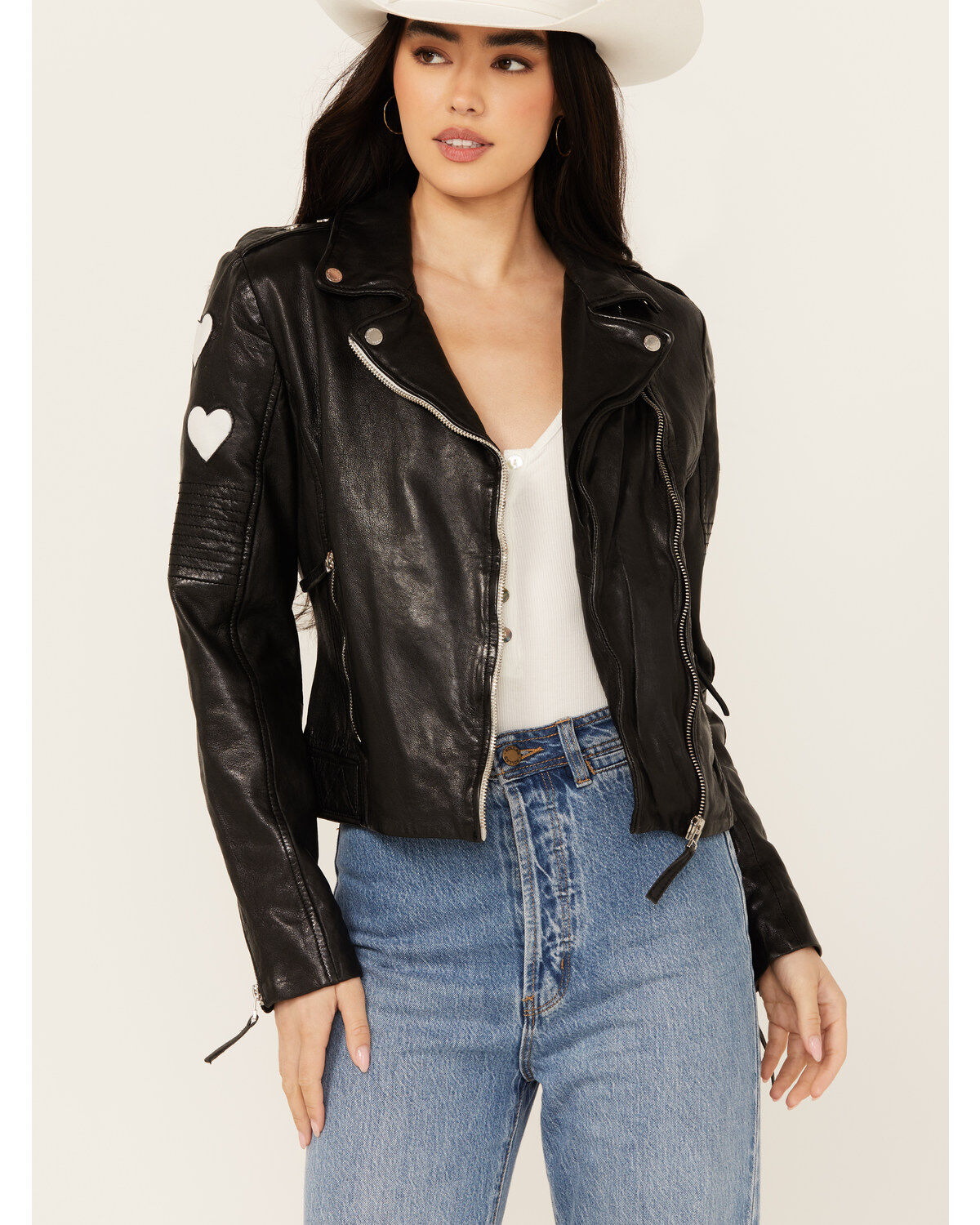 Women's Mauritius Leather Scattered Hearts Leather Jacket