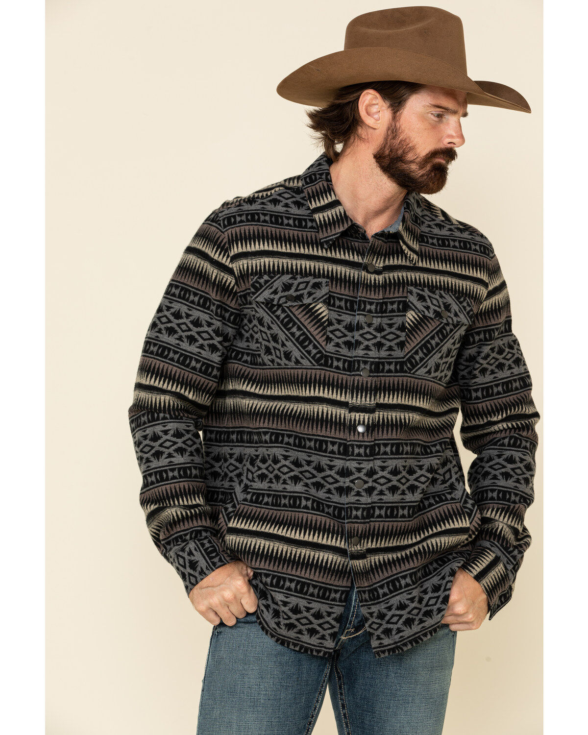 Men's Rock & Roll Denim Jacquard Southwestern Print Border Jacket