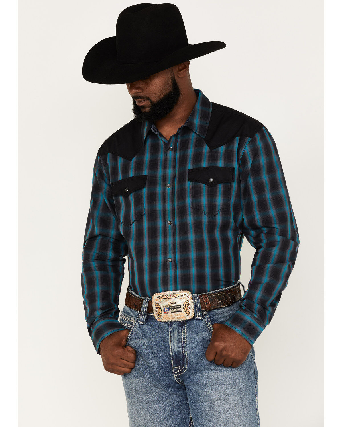 Men's Bandit Moonshine Spirit Small Plaid Print Pearl Snap Western Shi