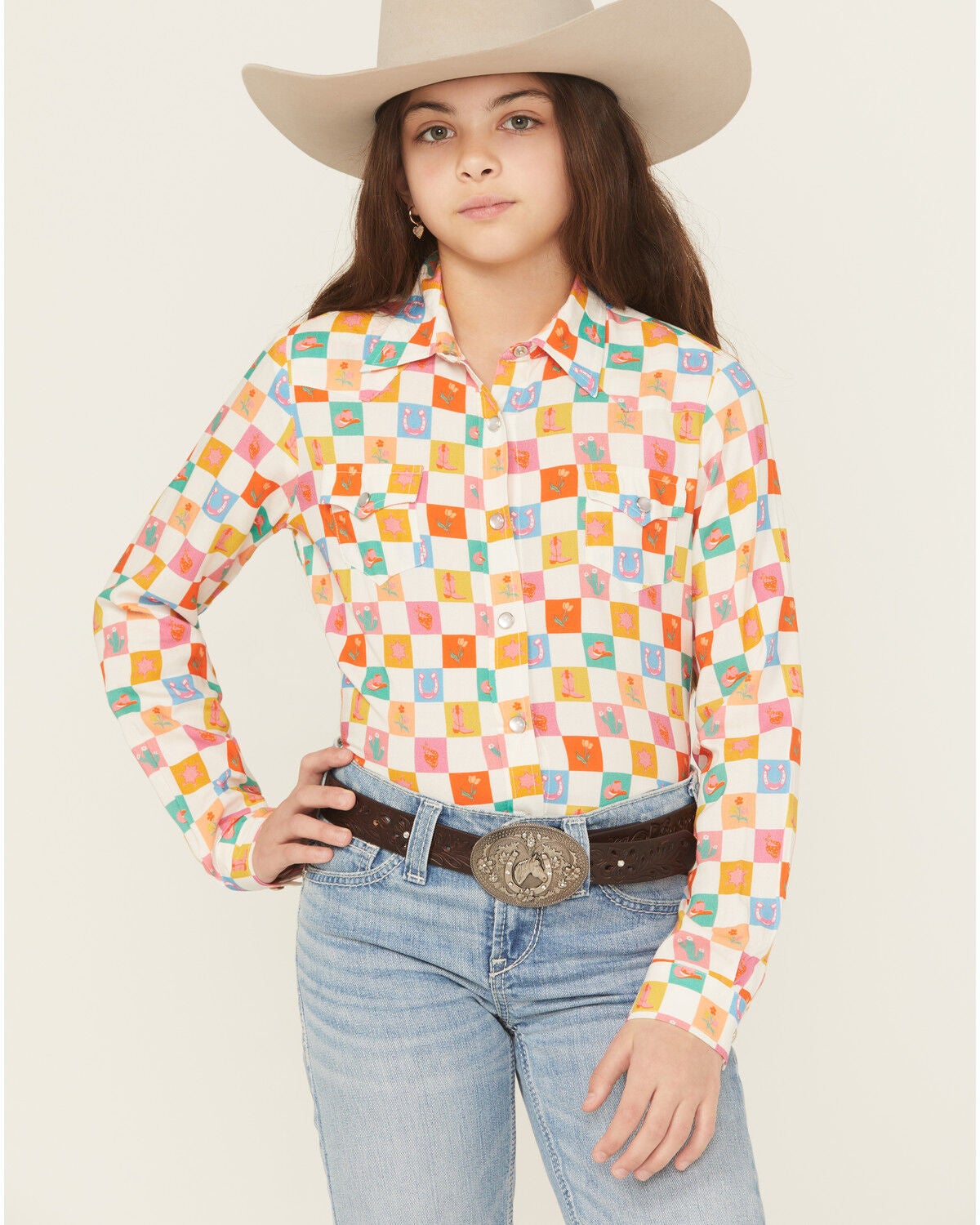 Girls' Roper Western Checkered Long Sleeve Pearl Snap Western Shirt