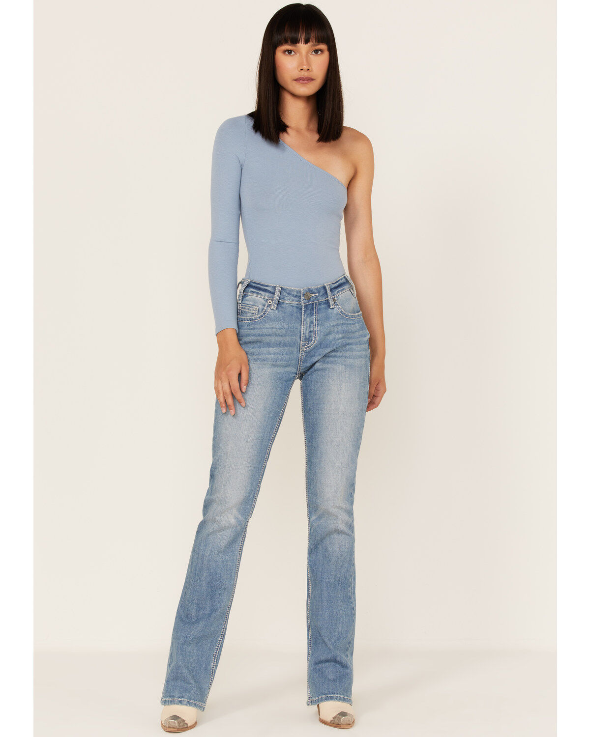 Women's Rock & Roll Denim Light Wash Mid Rise Straight Riding Jeans