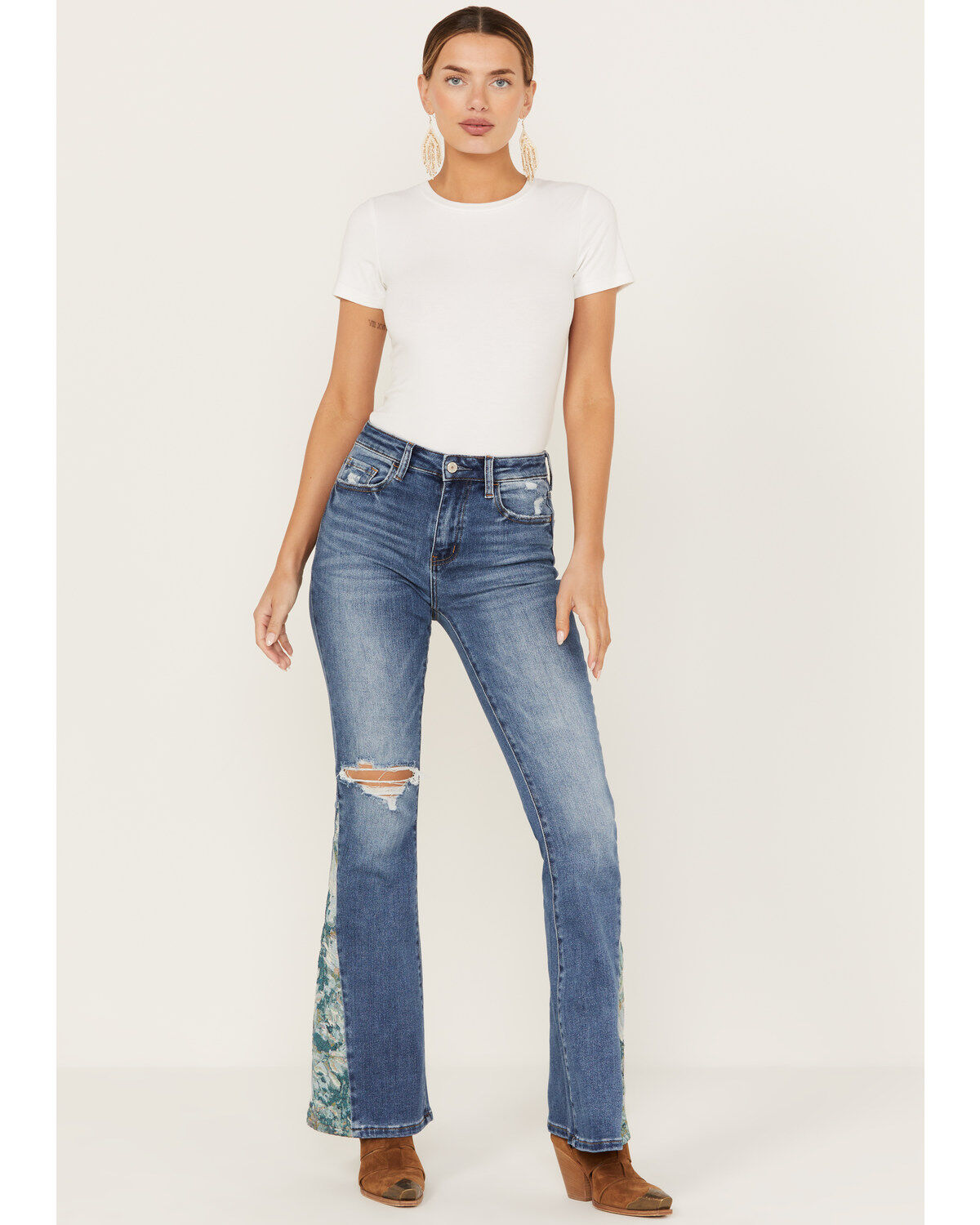 Women's Vervet Pound Medium Wash High Rise Floral Flare Jeans