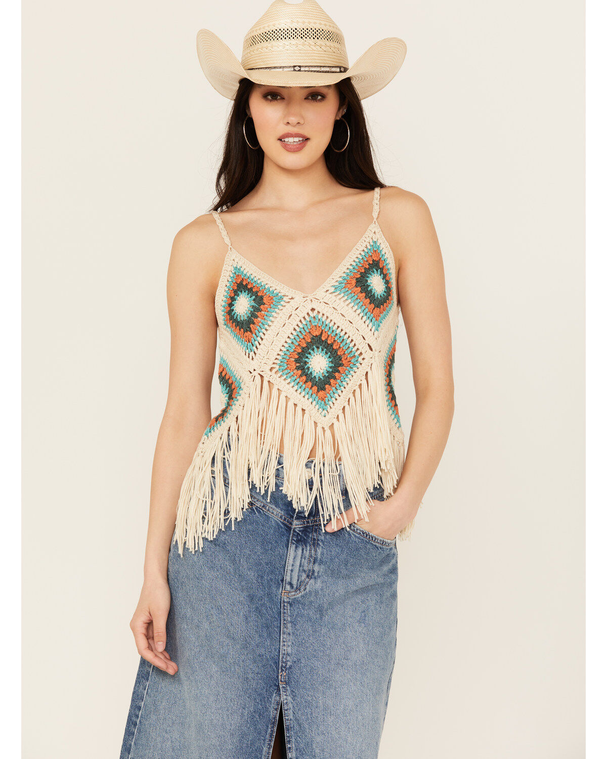 Women's Rock & Roll Denim Crochet Fringe Tank