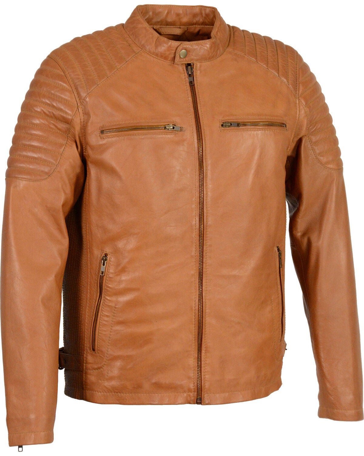 Men's Milwaukee Leather Quilted Shoulders Snap Collar Leather Jacket -