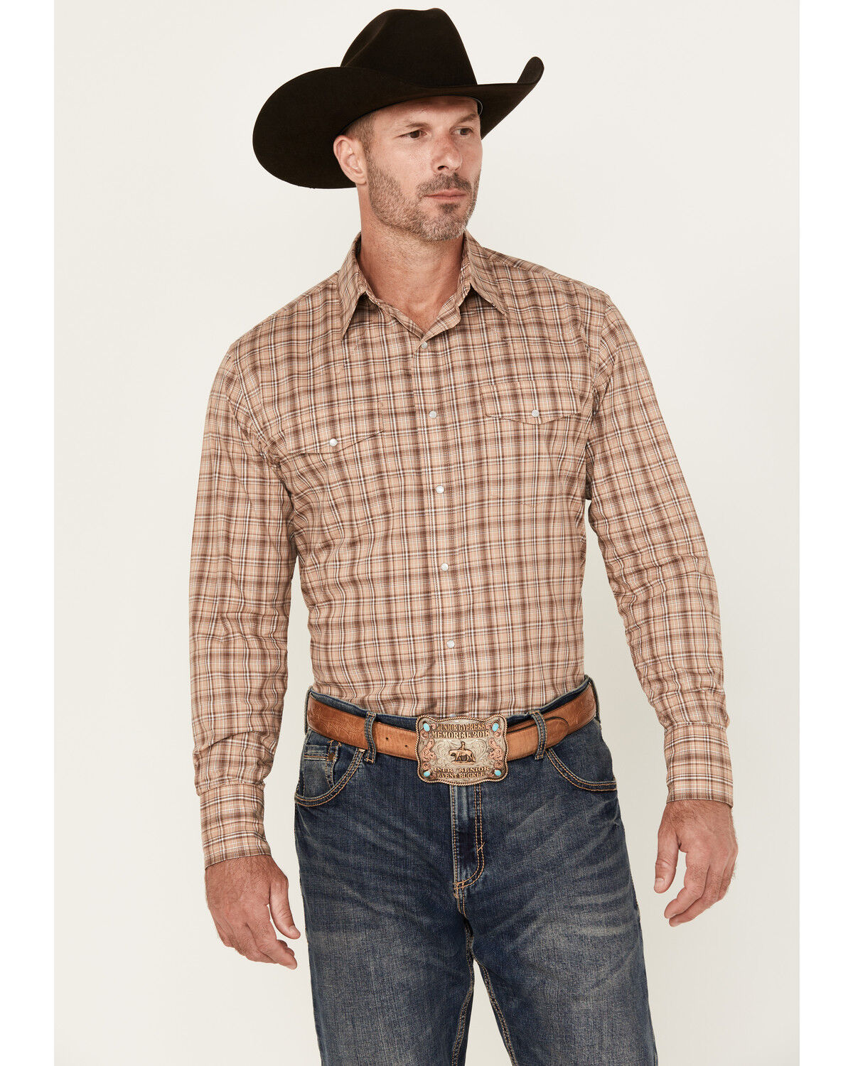 Men's Wrangler Wrinkle Resistant Plaid Print Long Sleeve Snap Stretch