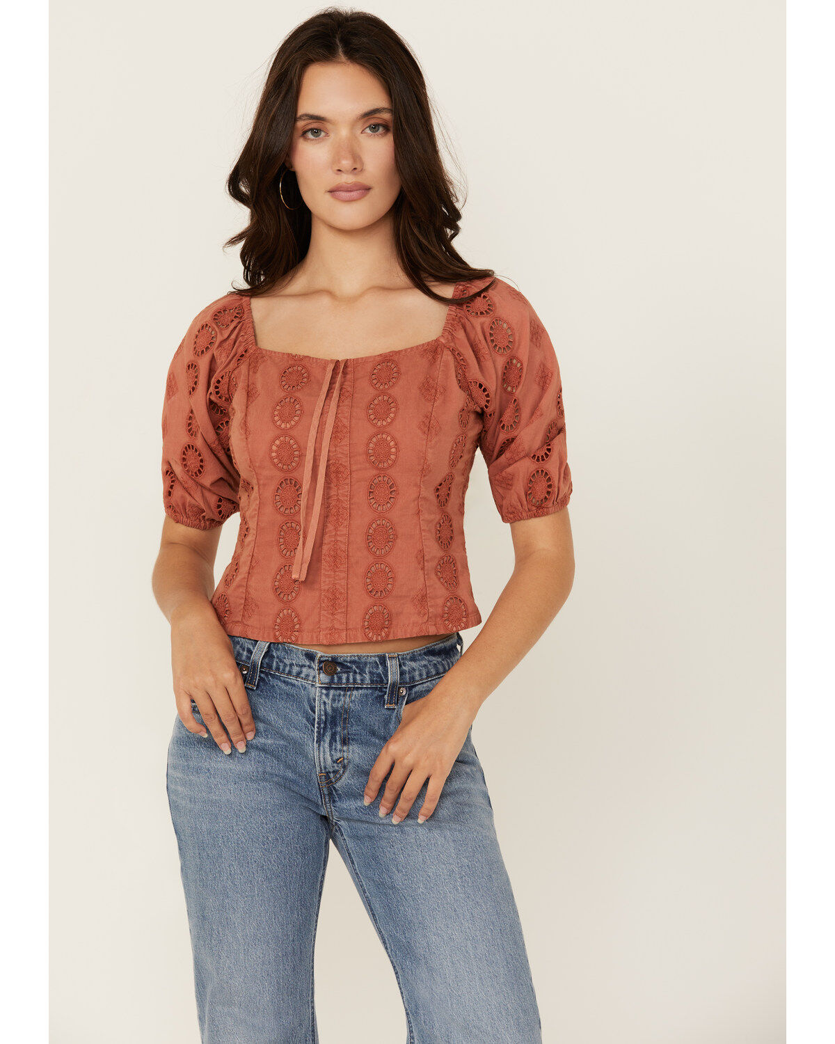 Women's Shyanne Tie-Front Short Sleeve Eyelet Top