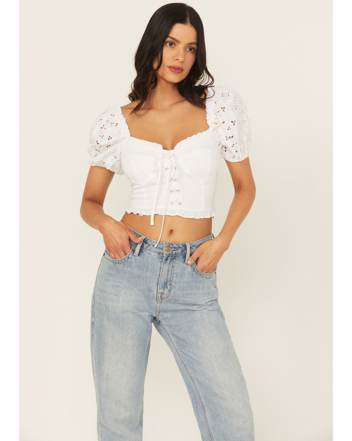 Women's Miss Me Eyelet Sleeve Bustier Top