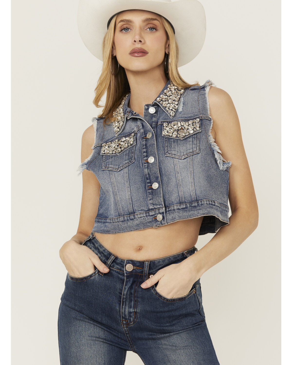 Women's Blue B Rhinestone Button-Down Cropped Denim Vest
