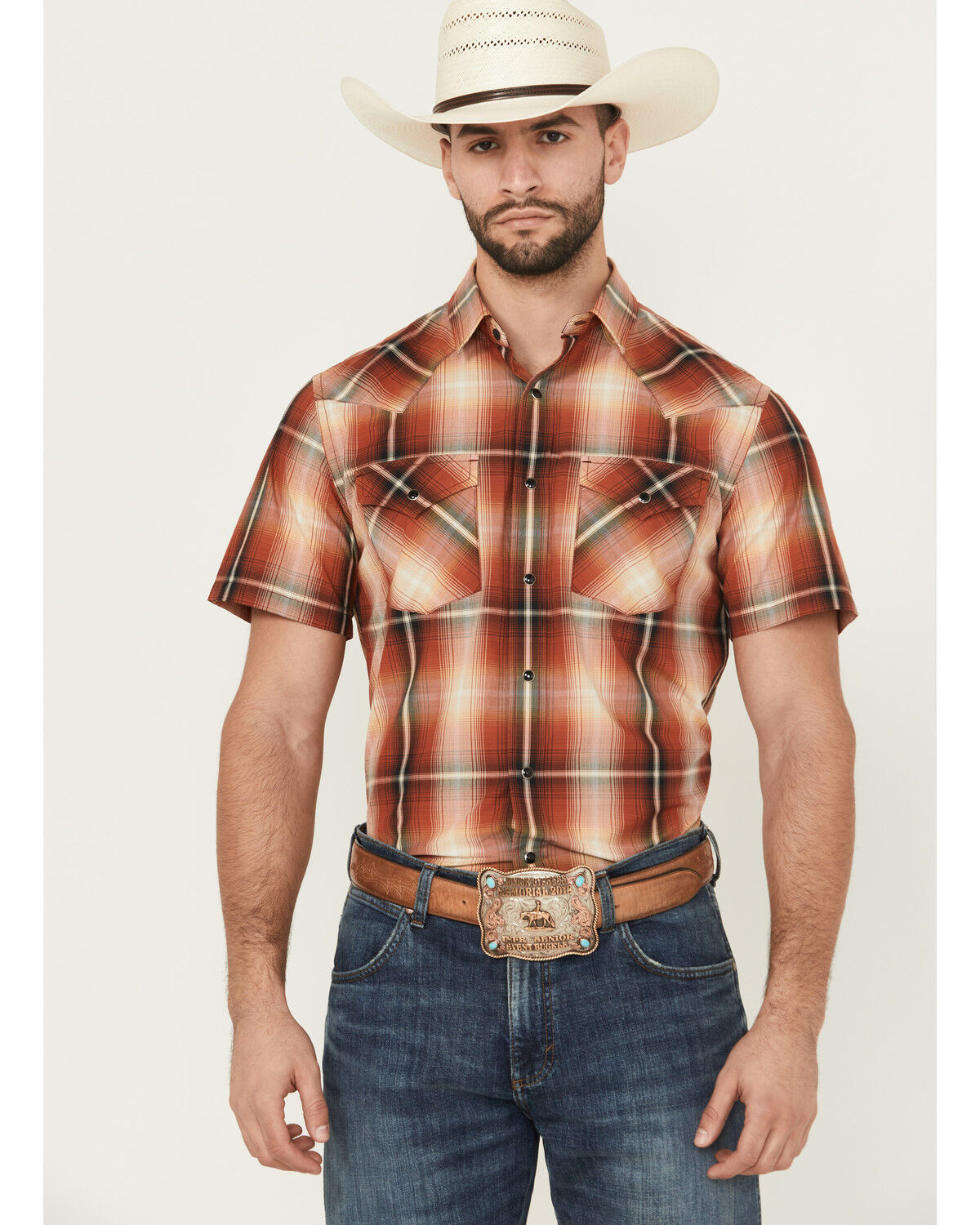 Men's Pendleton Frontier Plaid Print Short Sleeve Snap Stretch Western