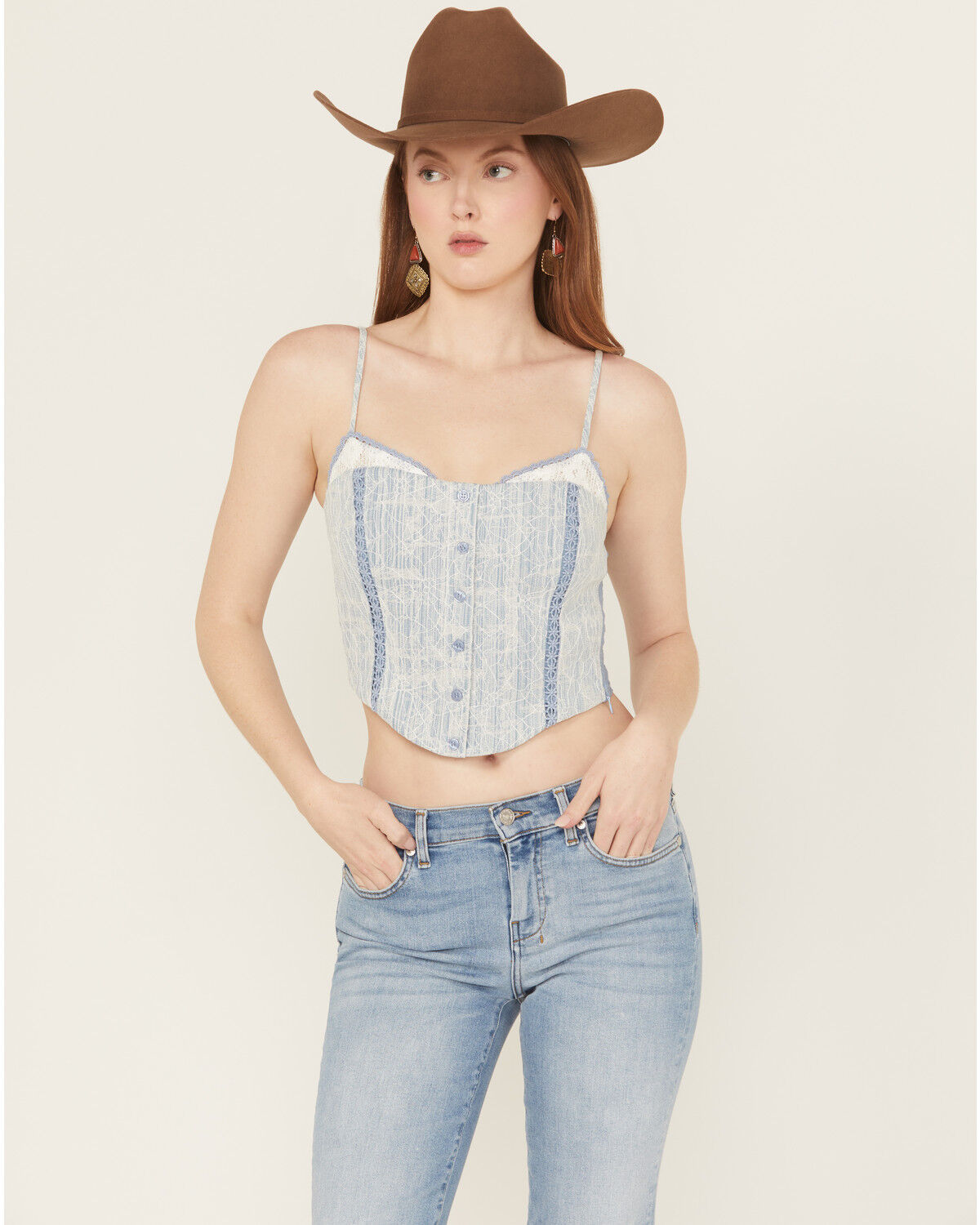 Women's Miss Me Denim Sleeveless Button-Down Bustier
