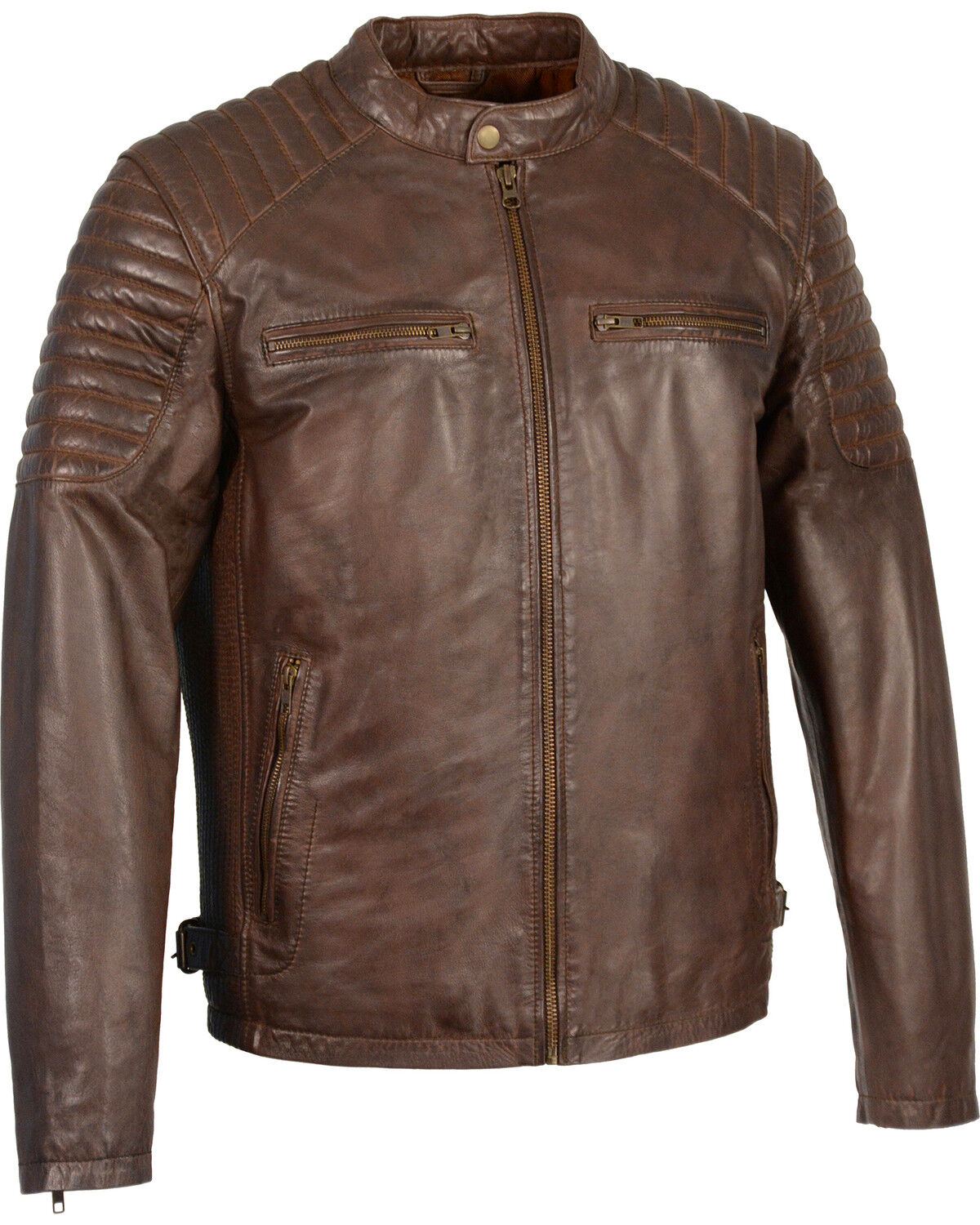 Men's Milwaukee Leather Quilted Shoulders Snap Collar Leather Jacket -