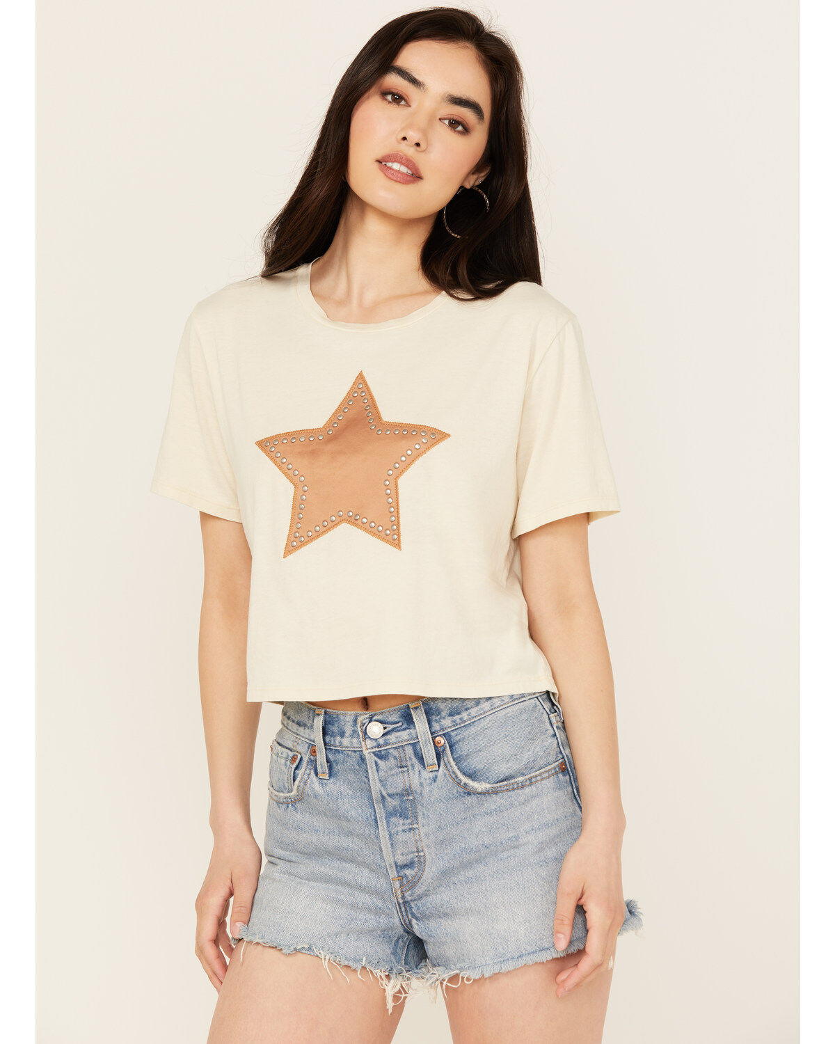 Women's Rock & Roll Denim Studded Star Short Sleeve Graphic Tee