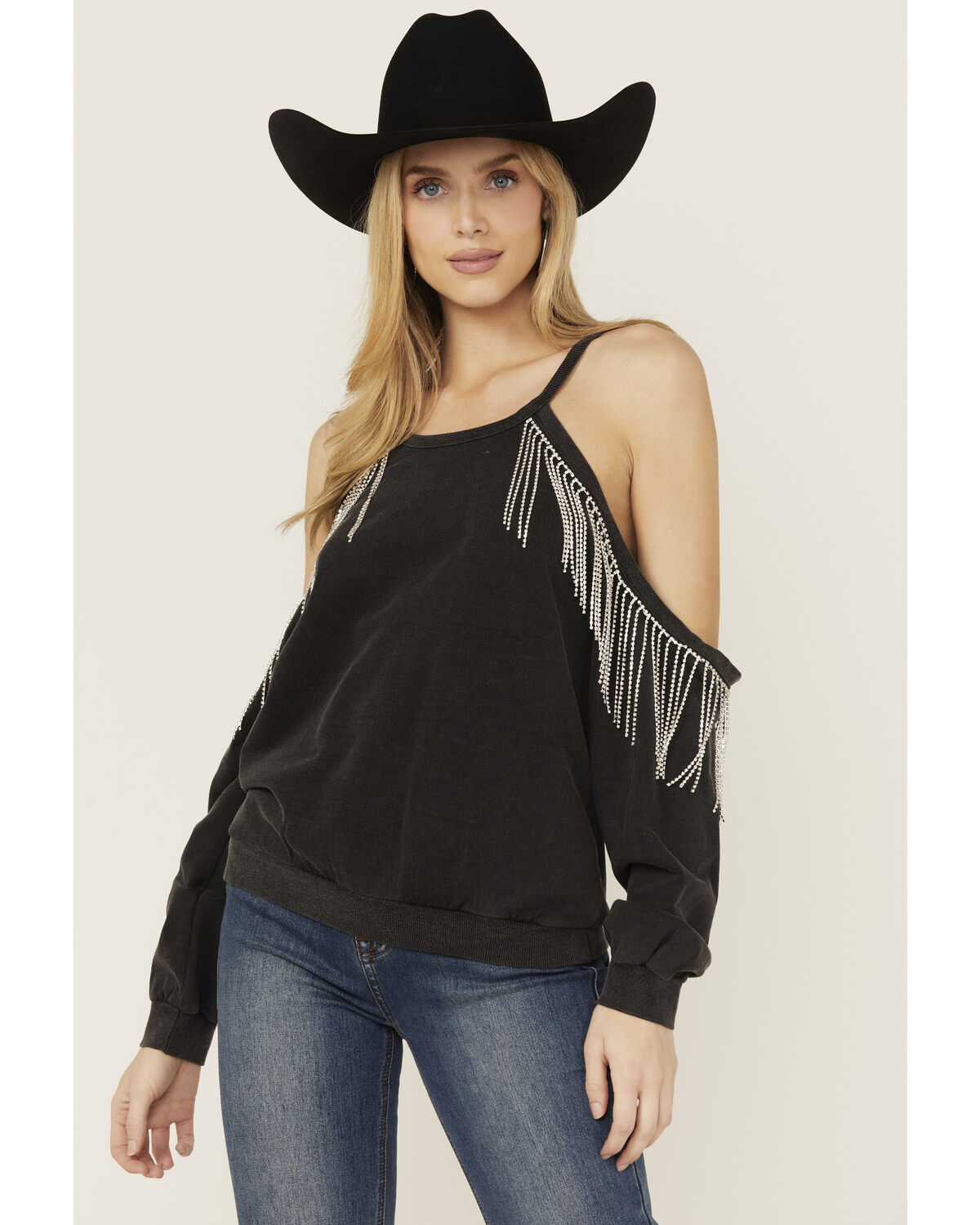 Women's Blue B Rhinestone Fringe Cold Shoulder Sweatshirt
