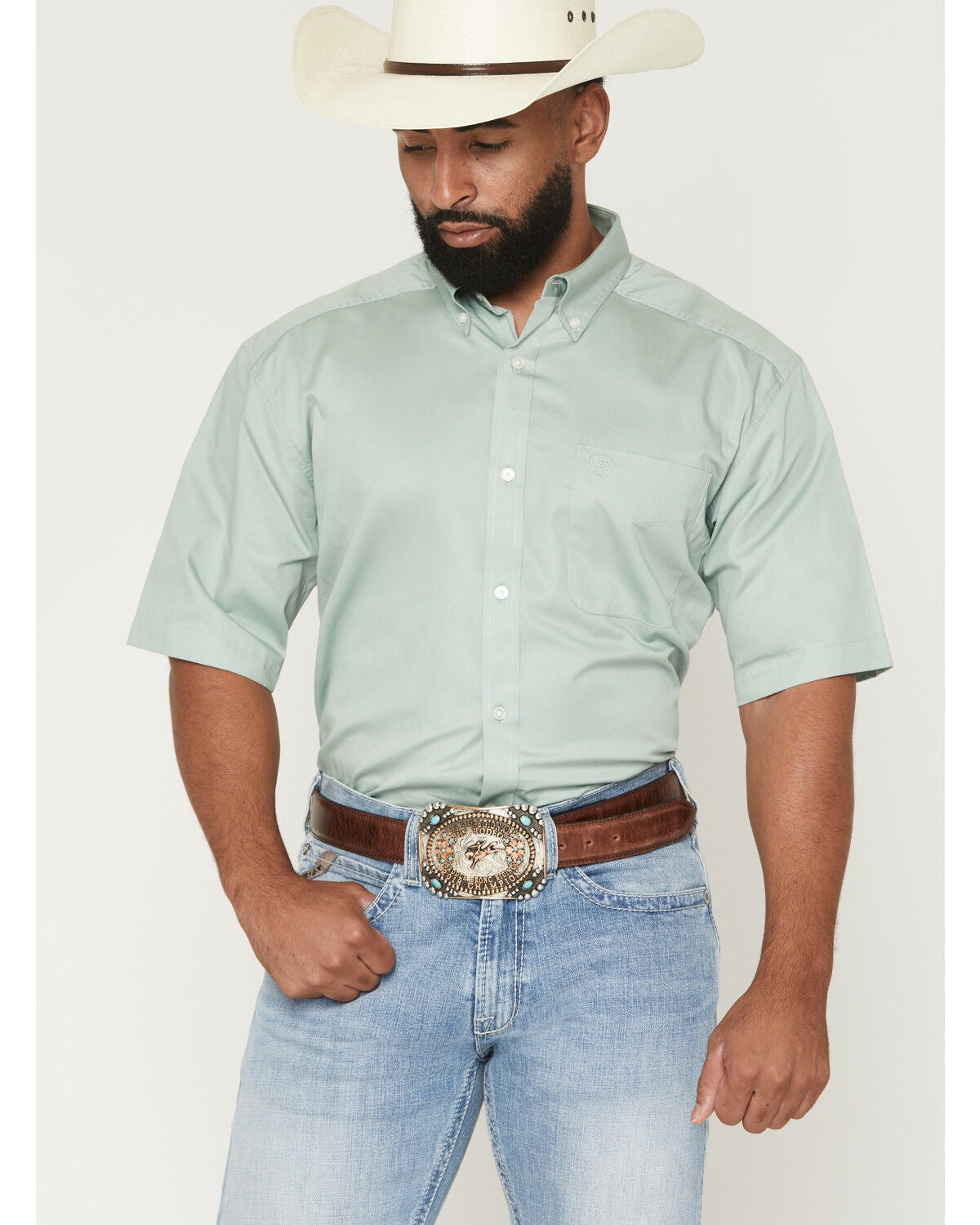 Men's Ariat Lightweight Twill Solid Short Sleeve Button-Down Western S