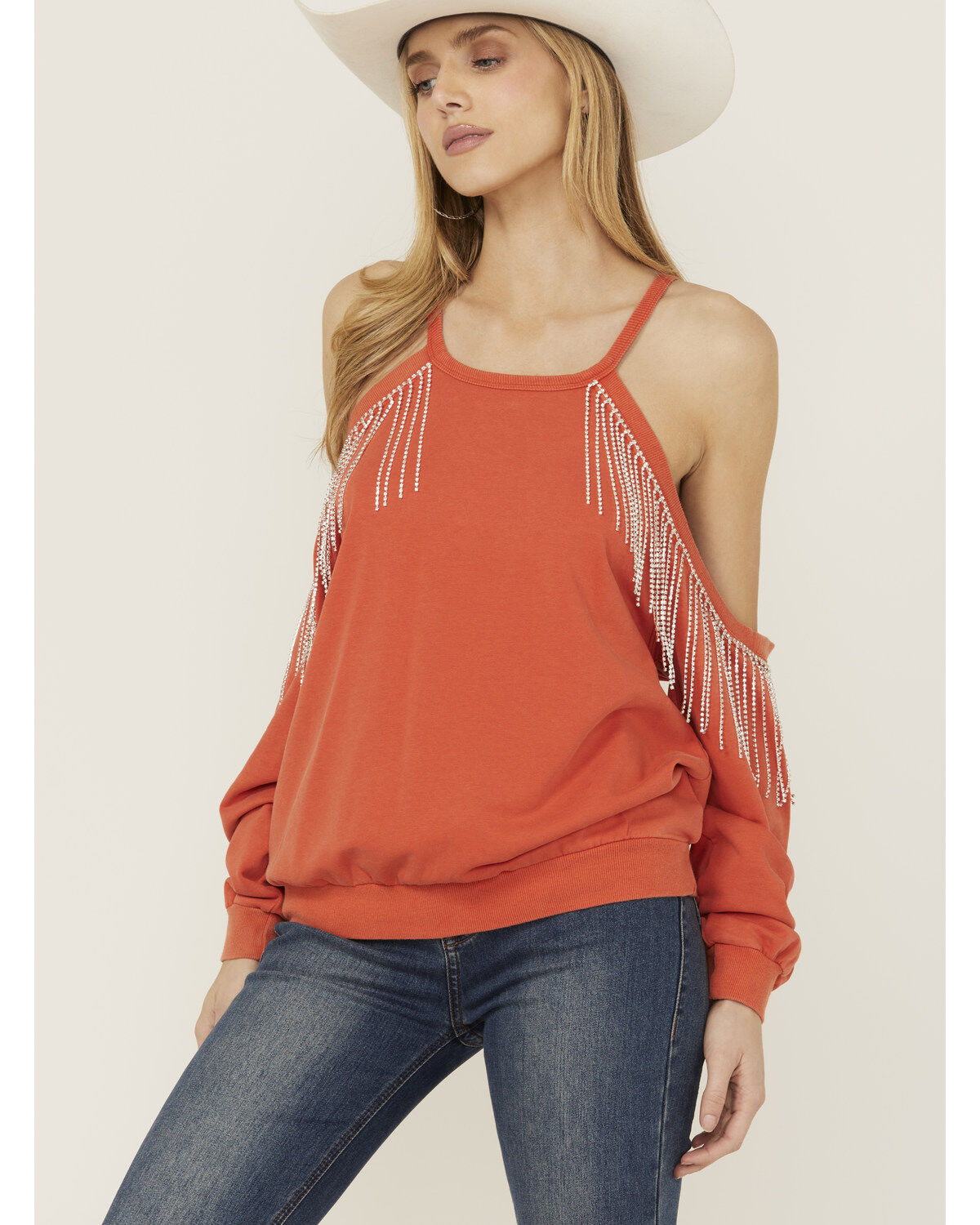 Women's Blue B Rhinestone Fringe Cold Shoulder Sweatshirt