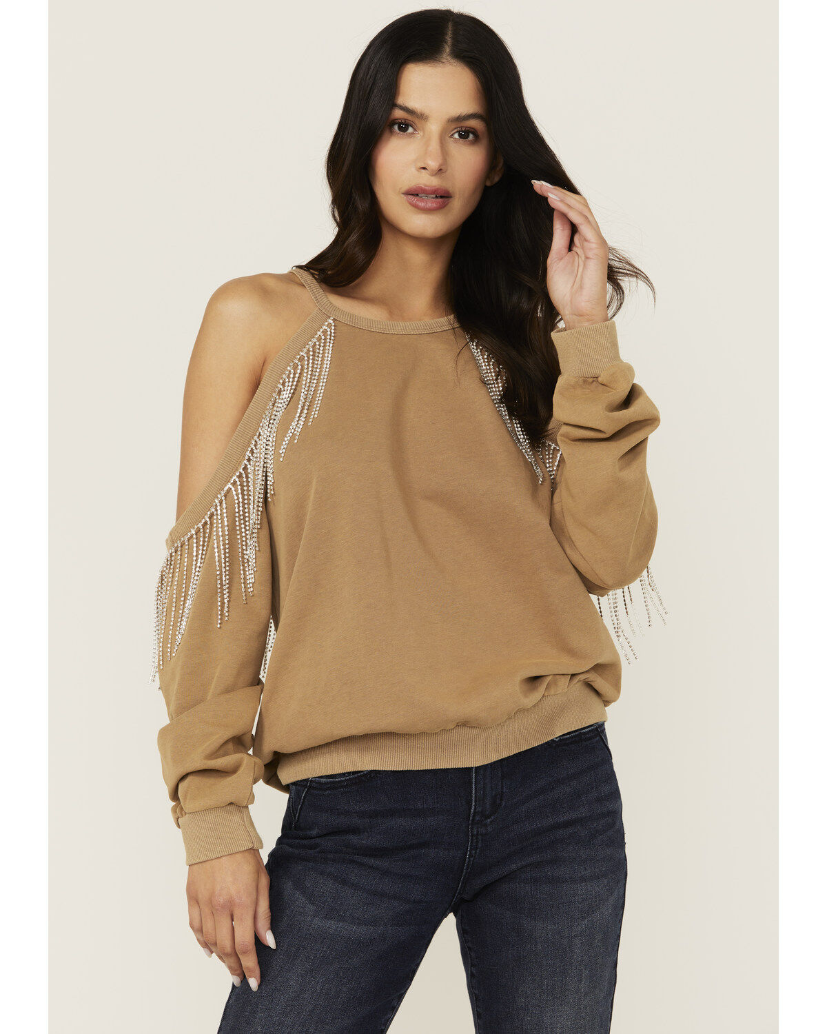 Women's Blue B Rhinestone Fringe Cold Shoulder Sweatshirt