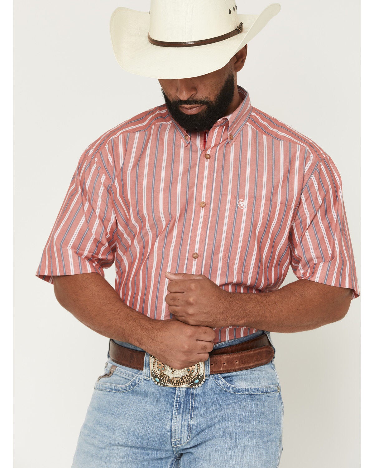 Men's Ariat Pro Series Bobby Striped Print Short Sleeve Button-Down We