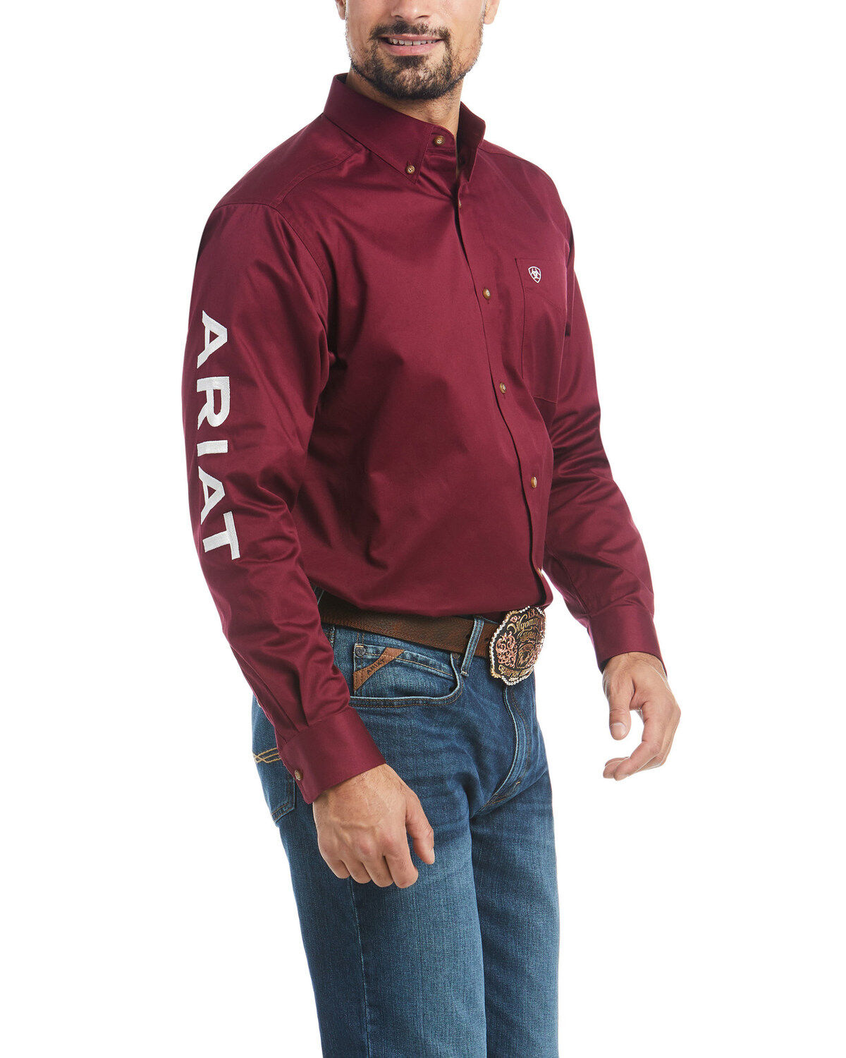 Men's Ariat Burgundy Team Logo Solid Twill Long Sleeve Western Shirt