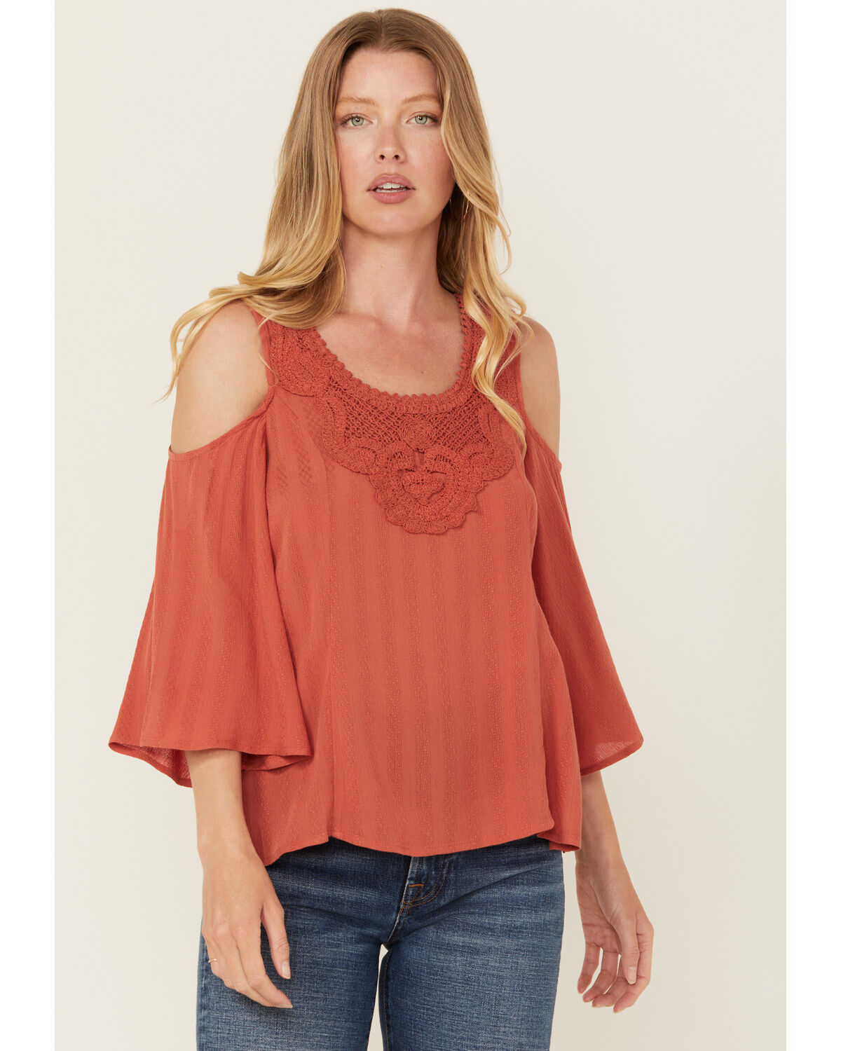 Women's Shyanne Solid Crochet Trim Cold Shoulder Shirt
