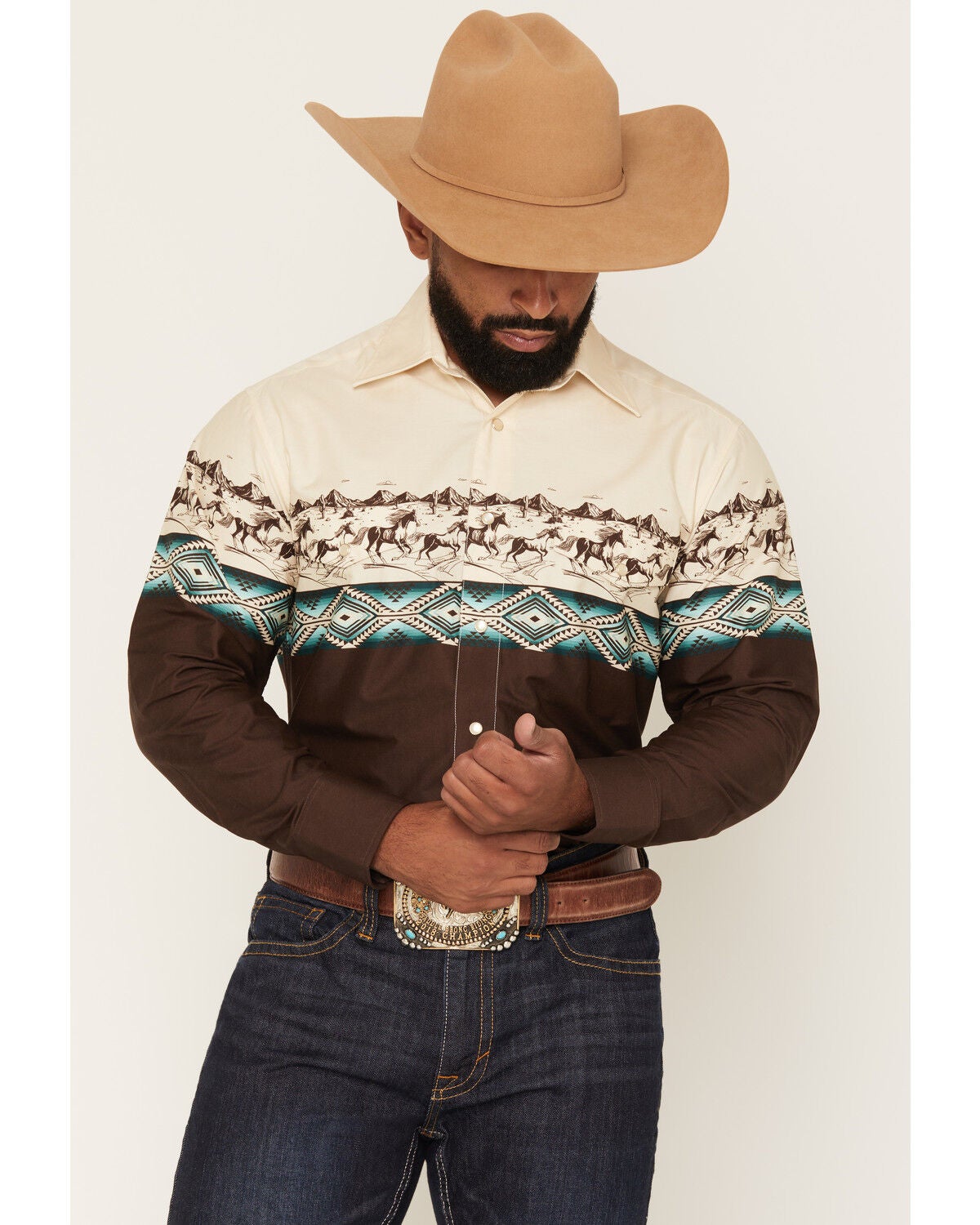 Men's Panhandle Slim Southwestern Horse Border Print Long Sleeve Pearl