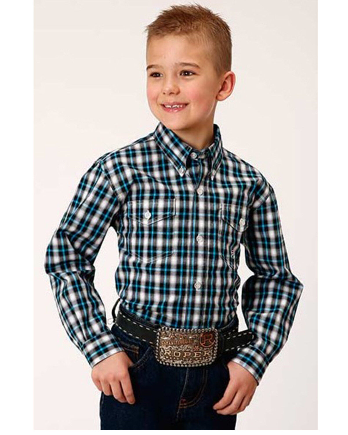 Boys' Roper Plaid Print Long Sleeve Button-Down Western Shirt