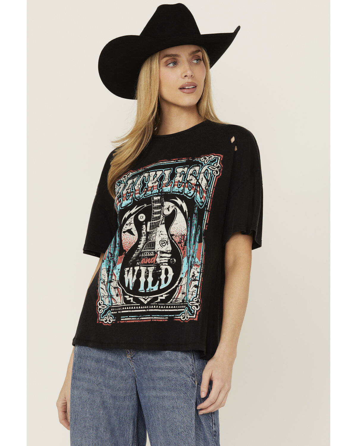 Women's Rock & Roll Denim Reckless and Wild Guitar Short Sleeve Graphi