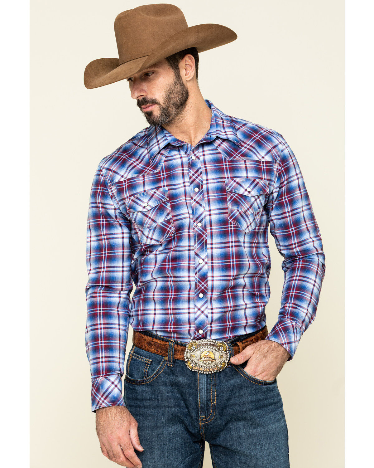Men's Rock & Roll Denim Ombre Crinkle Plaid Long Sleeve Western Shirt