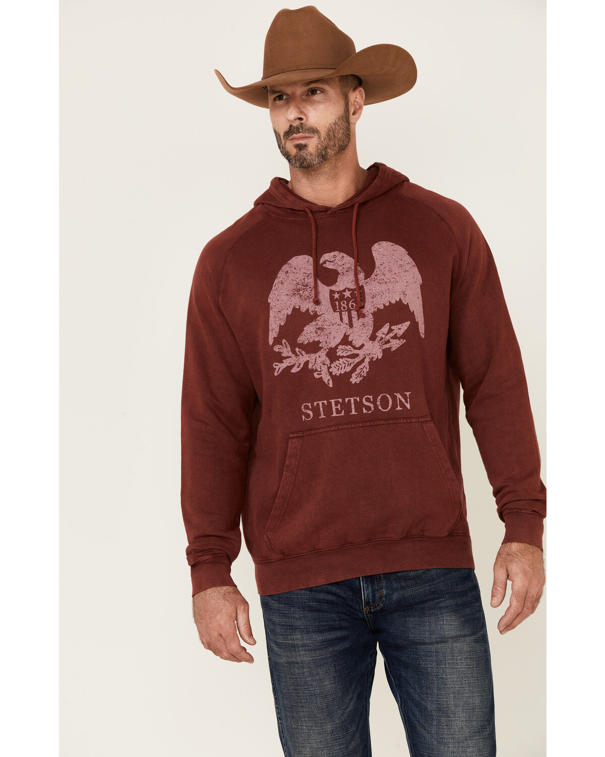 Men's Stetson Red Mineral Wash Distressed Eagle Graphic Hooded Sweatsh