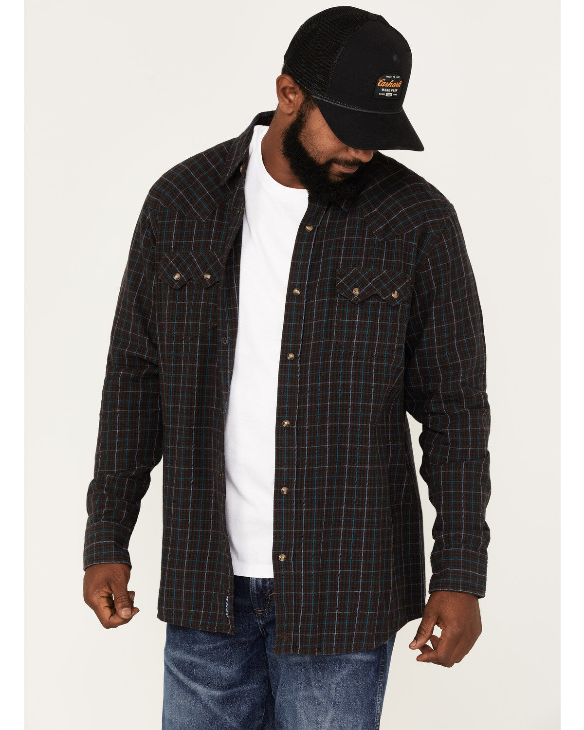Men's Moonshine Spirit Cask Small Plaid Print Snap Western Flannel Shi