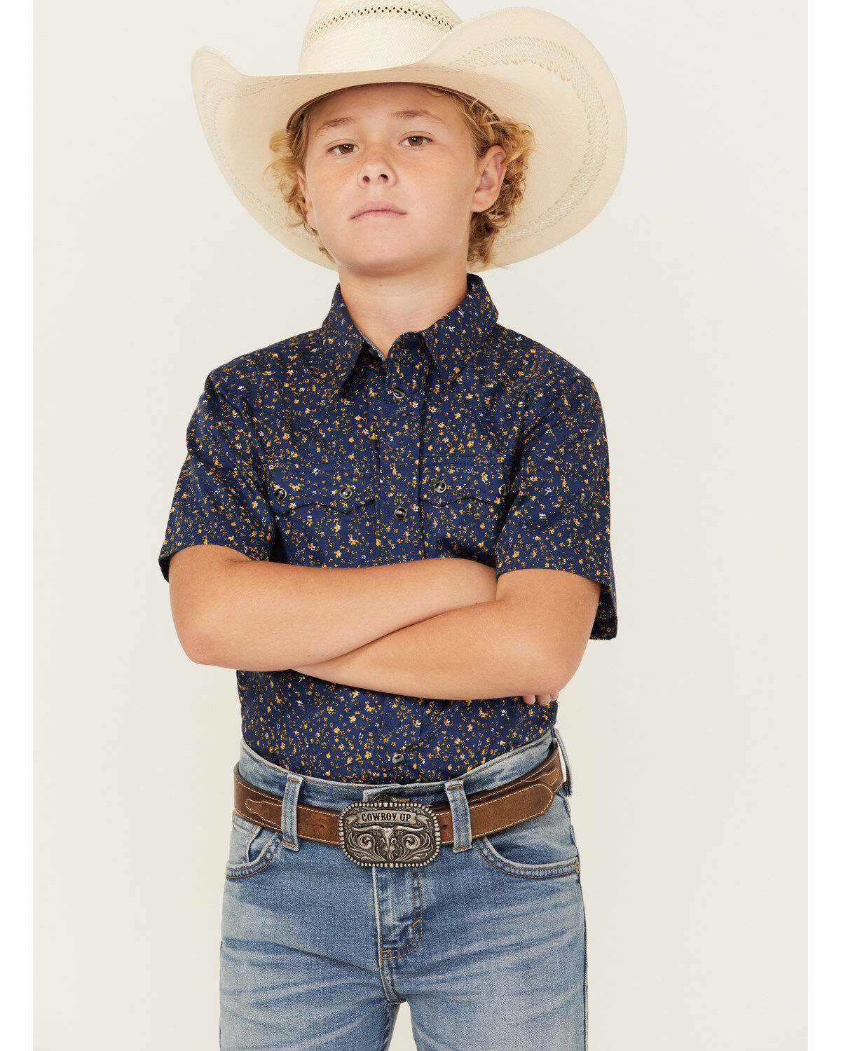 Boys' Cody James Meadowlark Floral Print Short Sleeve Snap Western Shi