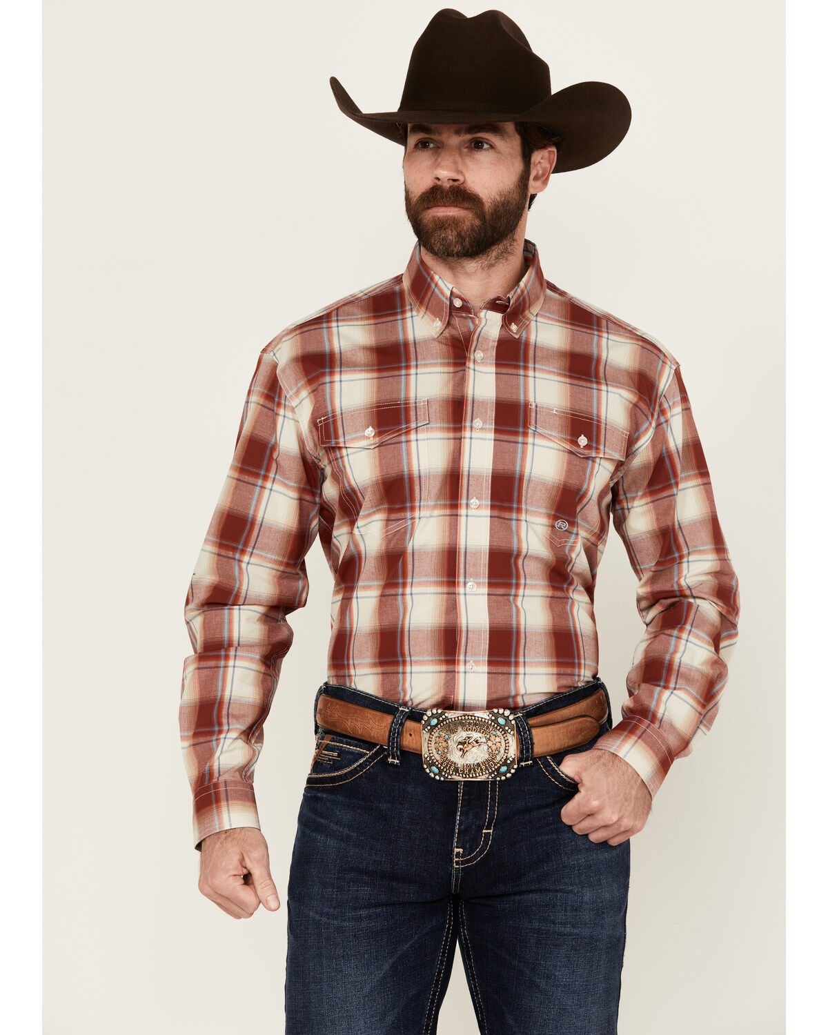 Men's Roper Amarillo Plaid Print Long Sleeve Button-Down Western Shirt