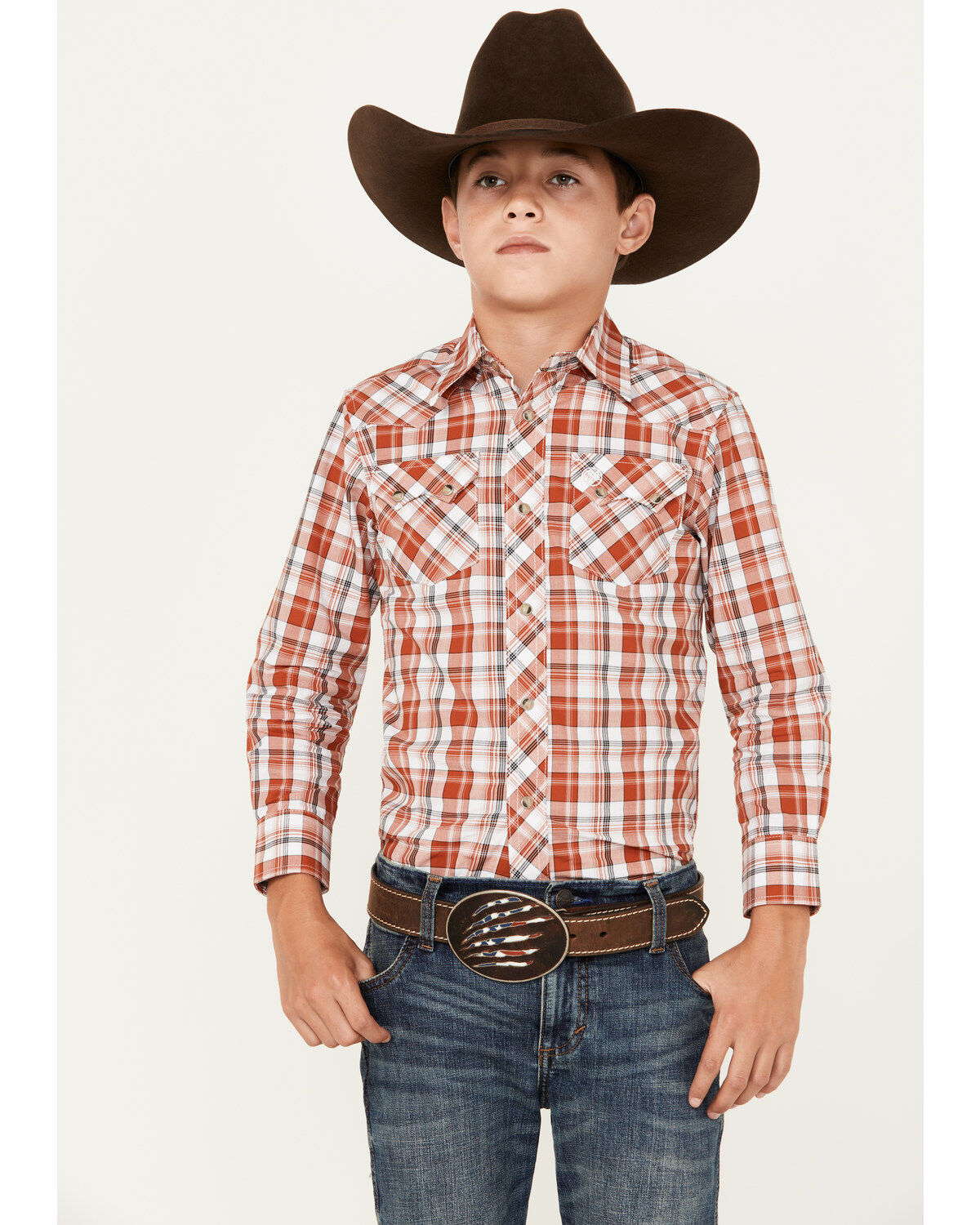 Boys' Wrangler Retro Plaid Print Long Sleeve Snap Western Shirt