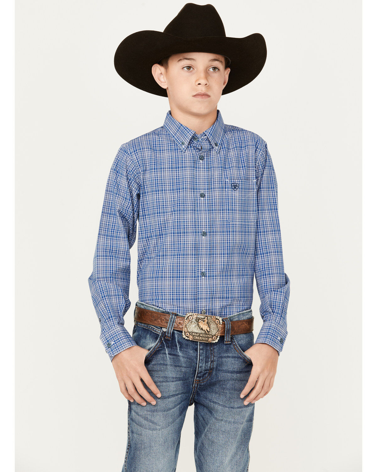 Boys' Ariat Small Pro Series Grid Plaid Print Long Sleeve Button-Down