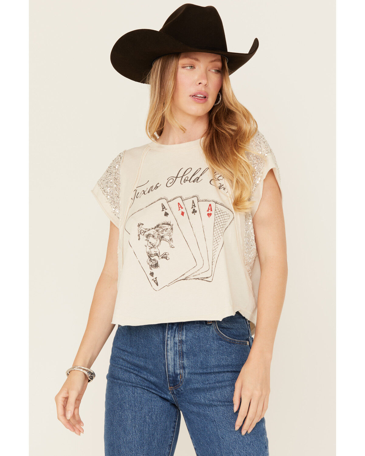 Women's Originality Texas Hold Em' Sequin Short Sleeve Graphic Tee