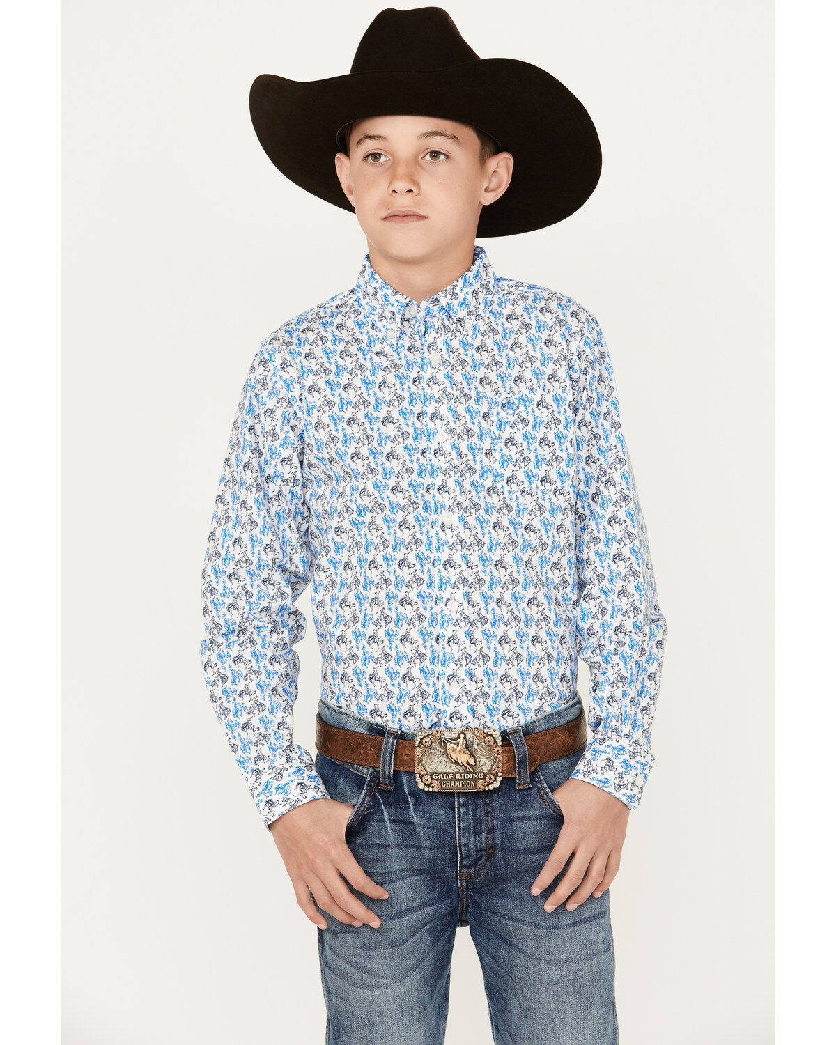 Boys' Ariat Pro Series Bronco Print Long Sleeve Button-Down Western Sh