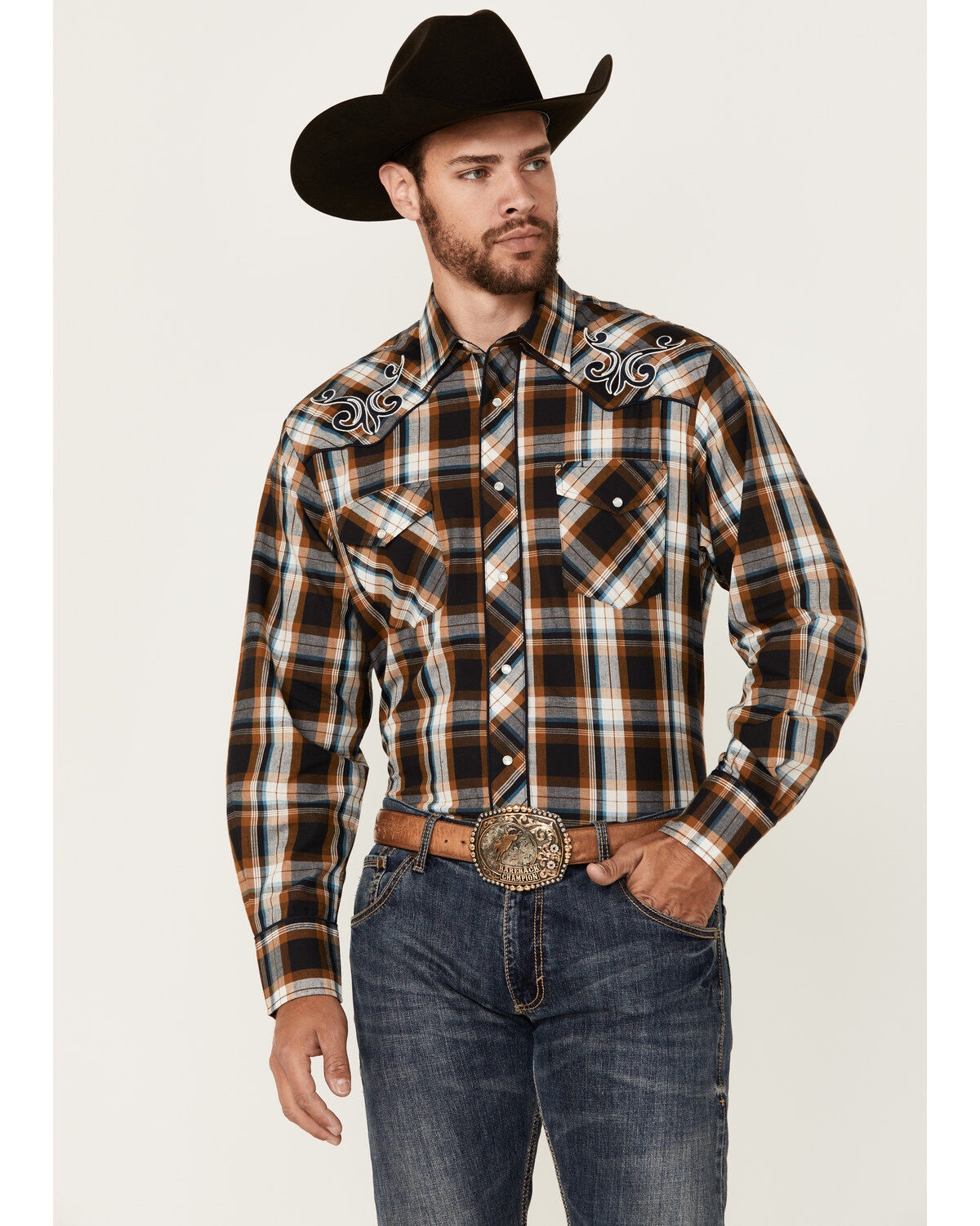 Men's Roper Embroidered Yoke Plaid Print Long Sleeve Snap Western Shir