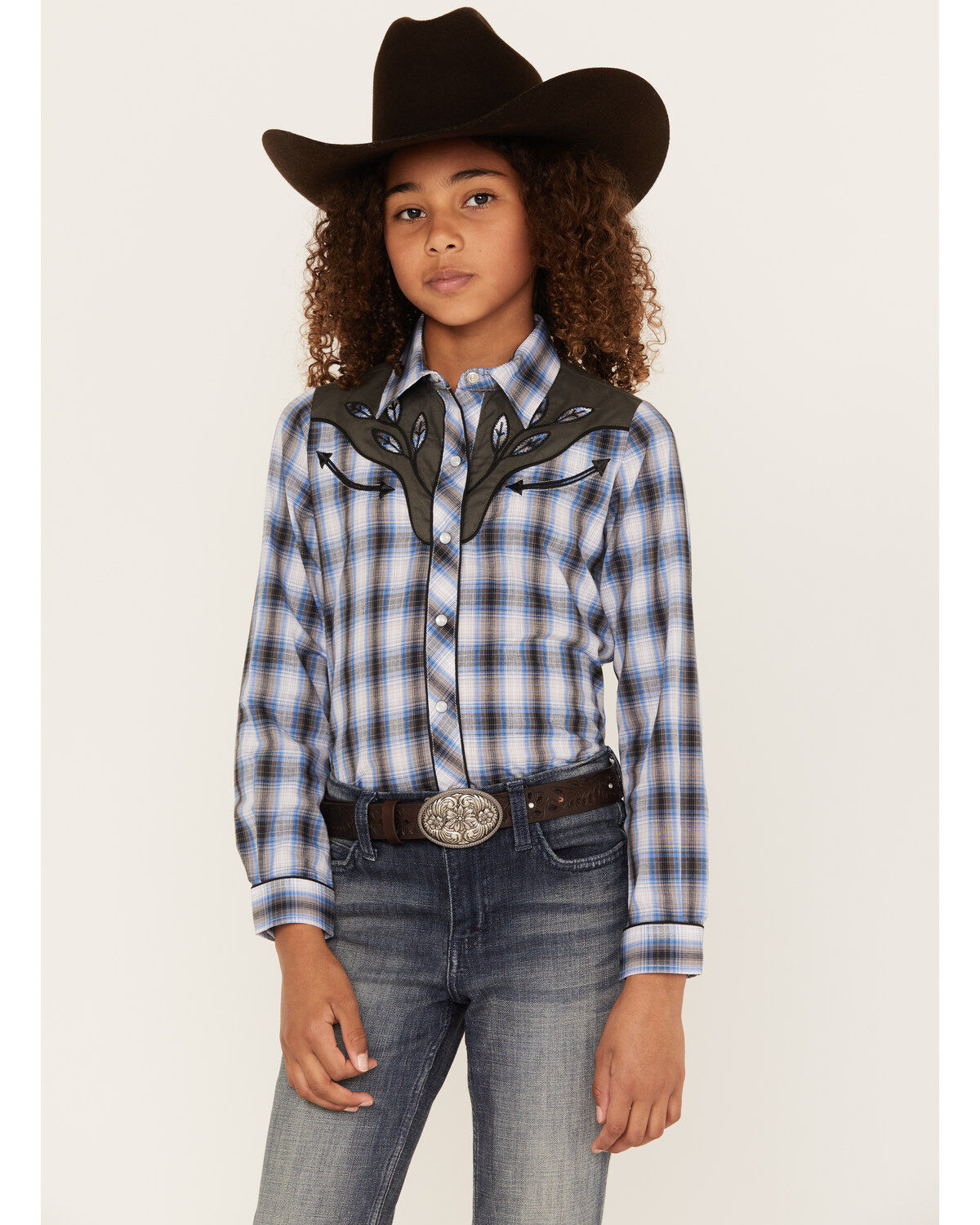 Girls' Roper Plaid Print Embroidered Yoke Long Sleeve Pearl Snap Weste
