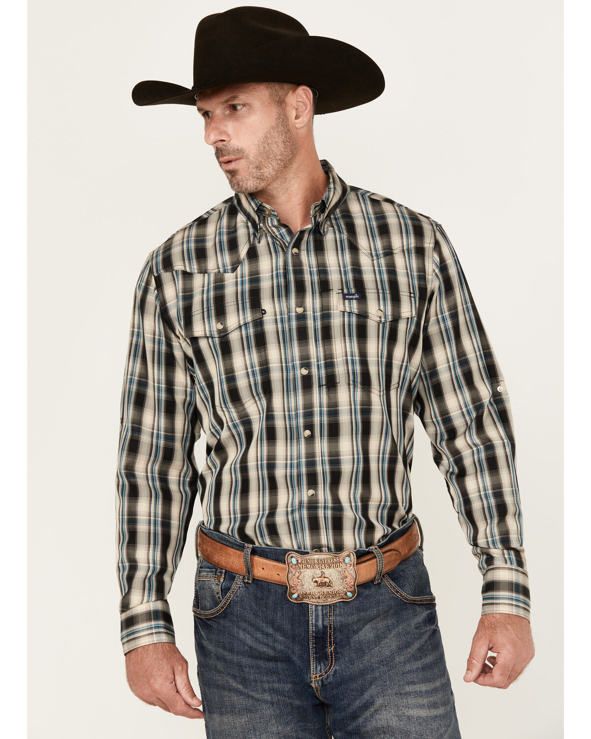 Men's Wrangler Plaid Print Long Sleeve Snap Performance Western Shirt