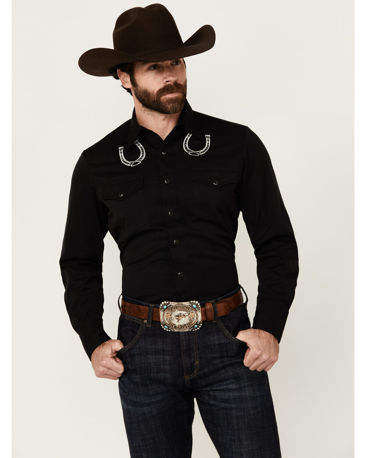 Men's Old West Roper Horseshoe Embroidered Long Sleeve Snap Western Sh