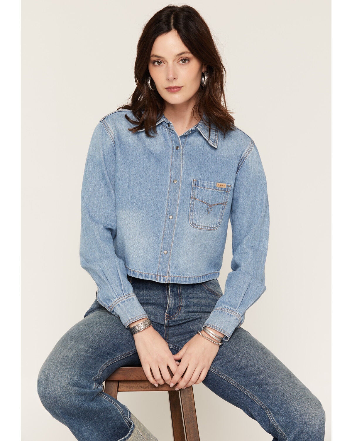 Women's Ariat Alameda Light Wash Long Sleeve Cropped Denim Shirt