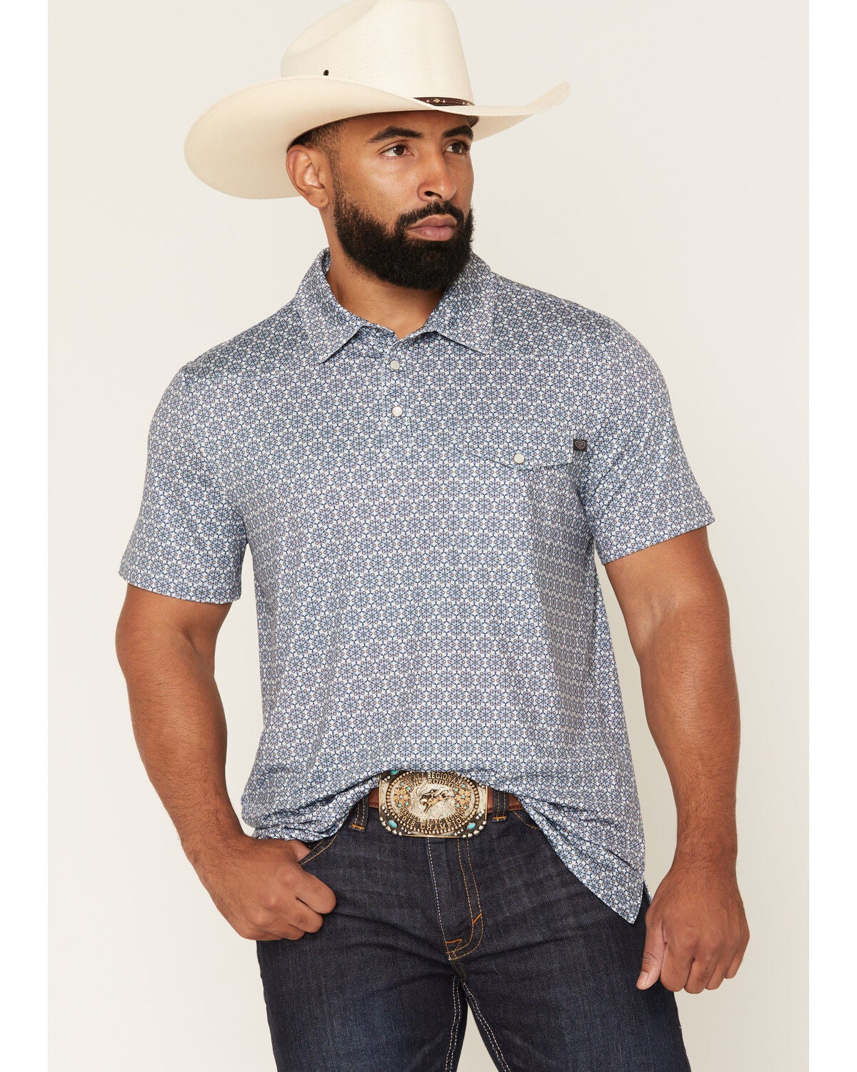 Men's Rock & Roll Denim Medallion Print Short Sleeve Snap Polo