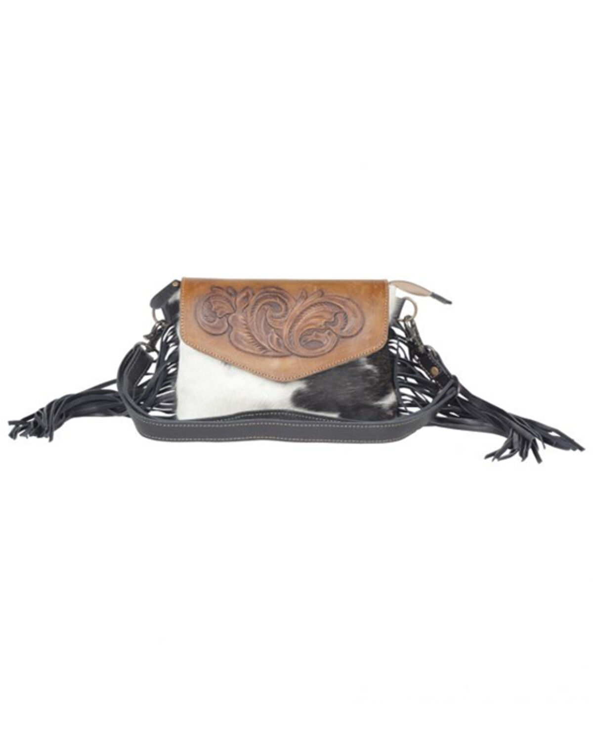 Women's Myra Bag Anam Cara Hair-On Hide Hand-Tooled Fringe Bag