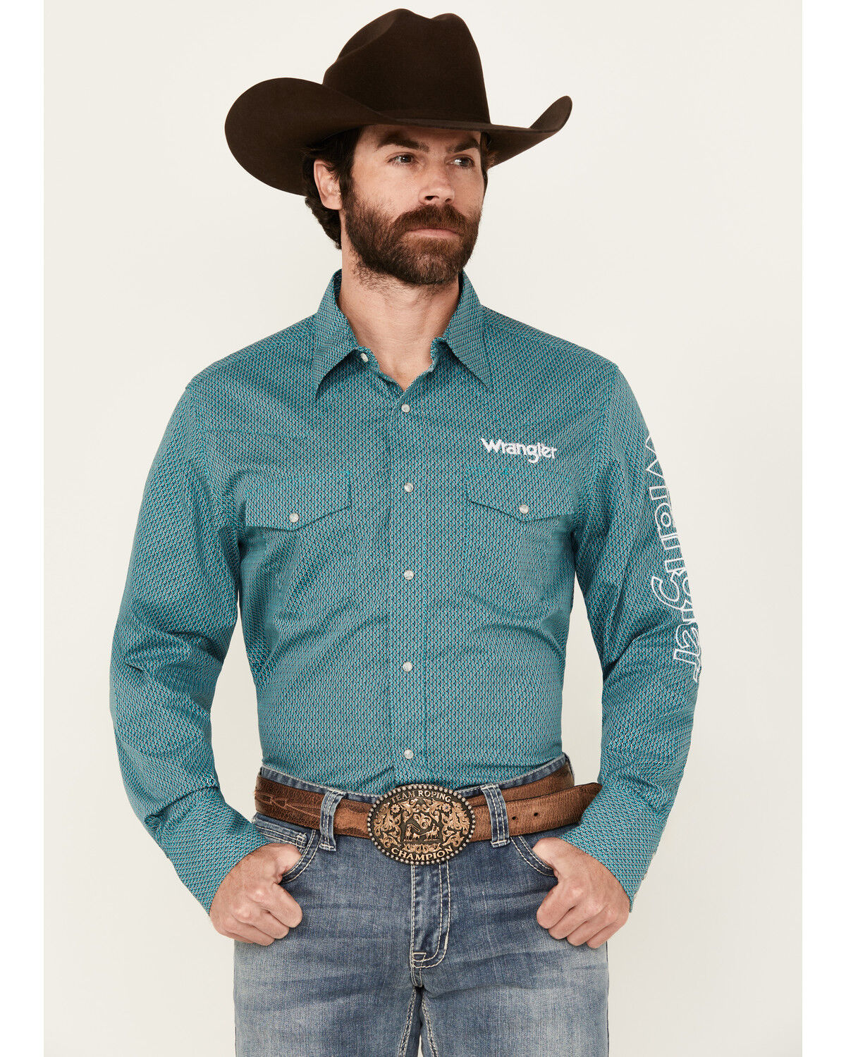 Men's Wrangler Logo Geo Print Long Sleeve Snap Western Shirt
