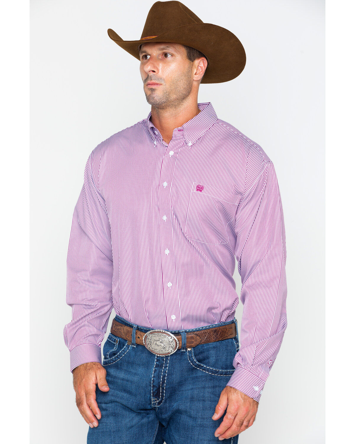 Men's Cinch Burgundy Stripe Long Sleeve Button-Down Shirt
