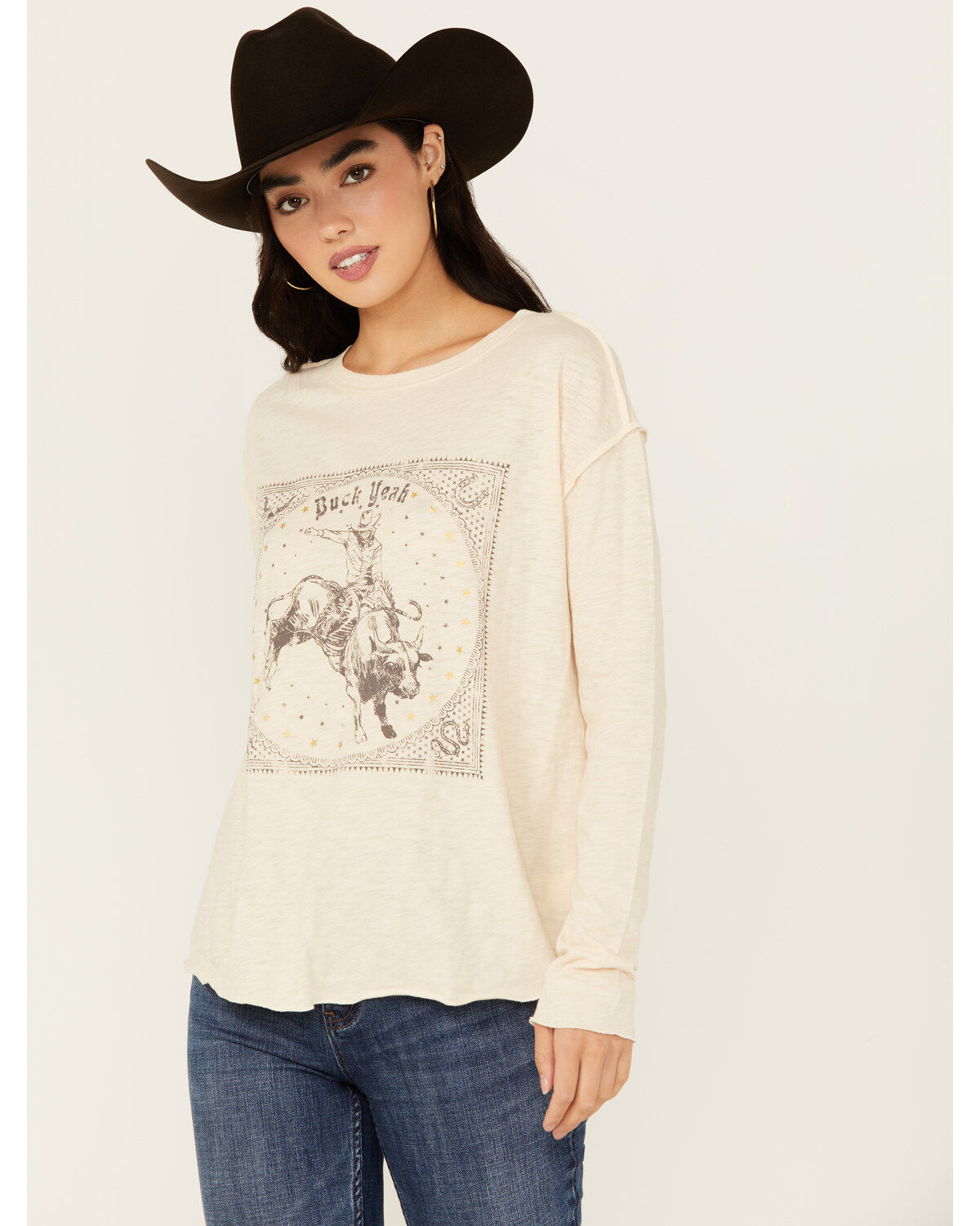 Women's White Crow Buck Yeah Seamed Long Sleeve Graphic Tee