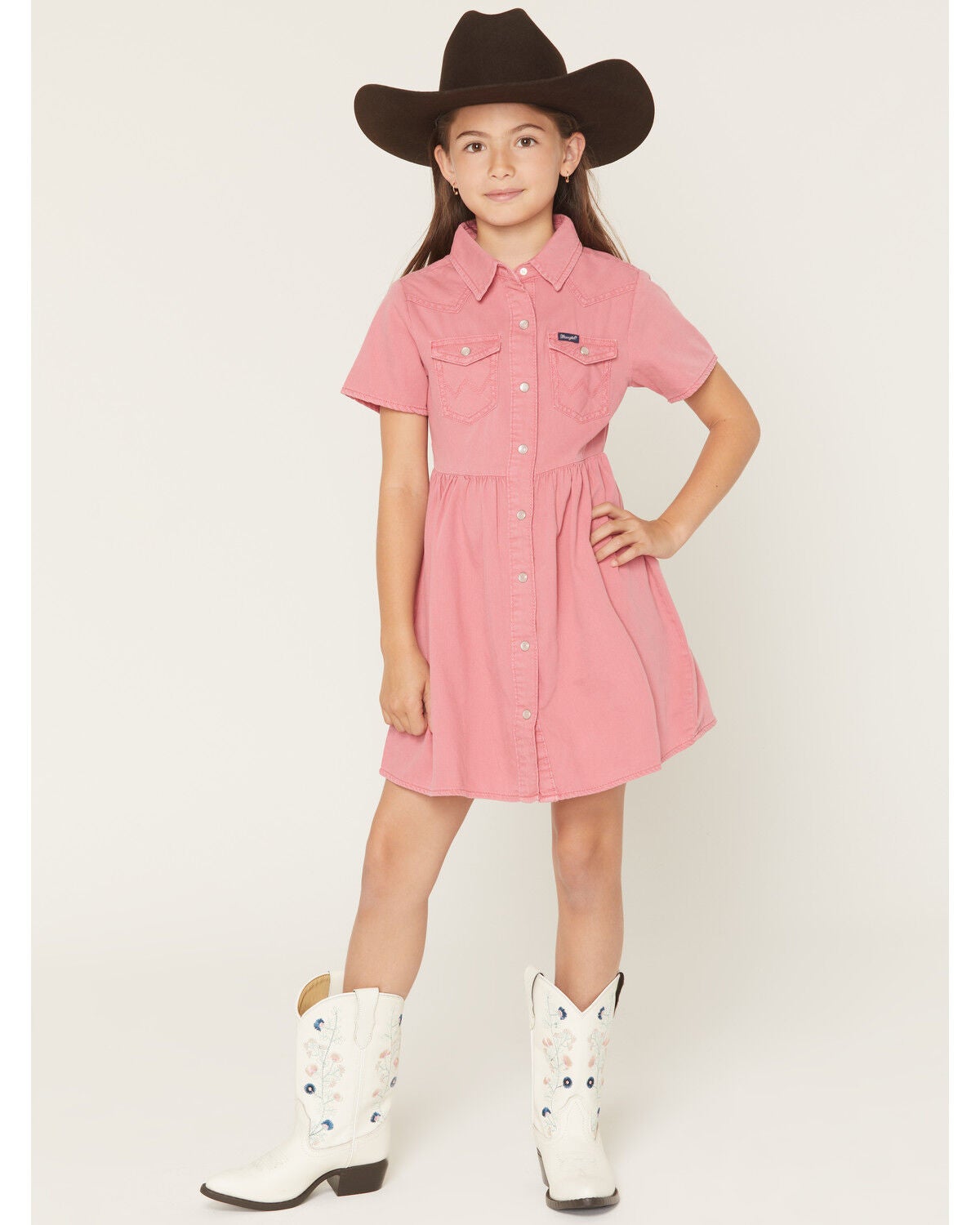 Girls' Wrangler Solid Shirt Sleeve Snap Denim Dress