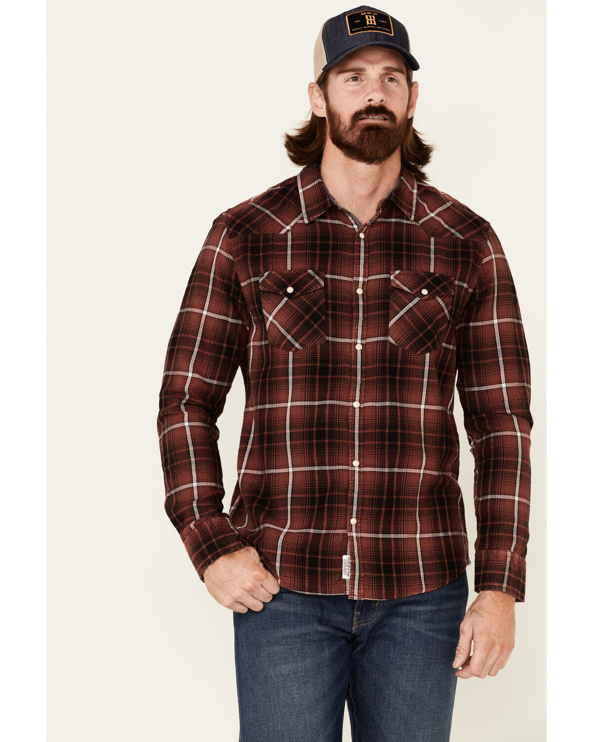 Men's Flag & Anthem Thornton Maroon Plaid Long Sleeve Snap Western Shi